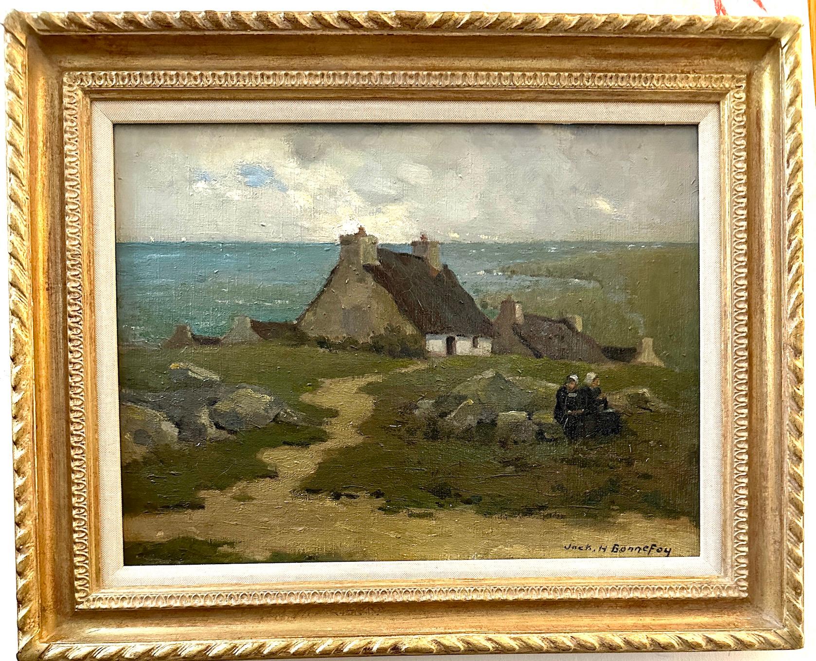 Jack Hubert Bonnefoy Figurative Painting - 19th century French Impressionist Breton landscape with cottage, figures 