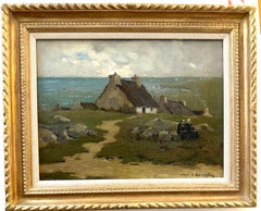 Paysage breton impressionniste français du 19e siècle avec chalet, personnages 