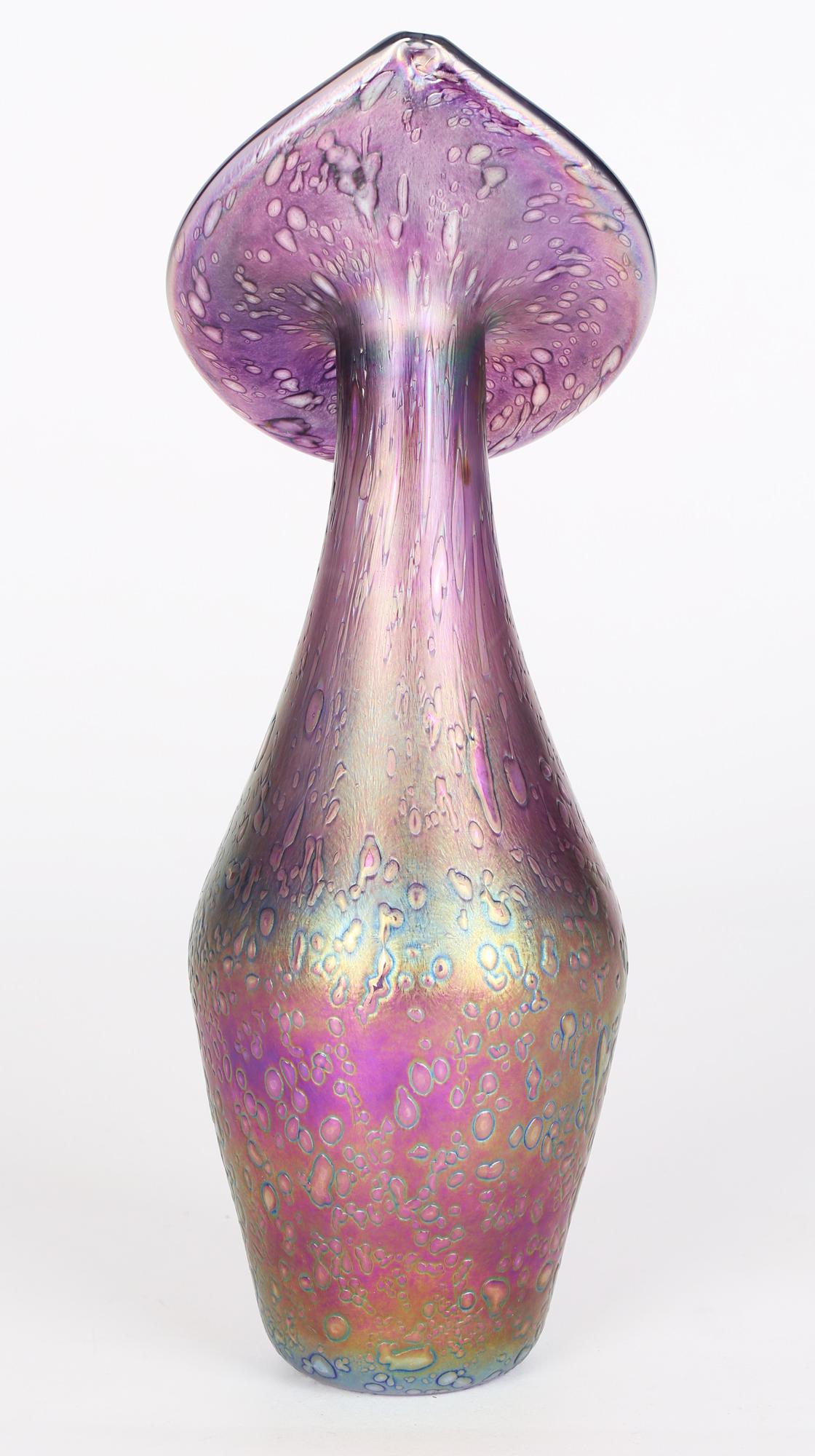Hand-Crafted Jack in the Pulpit Floral Style Iridescent Art Glass Vase For Sale