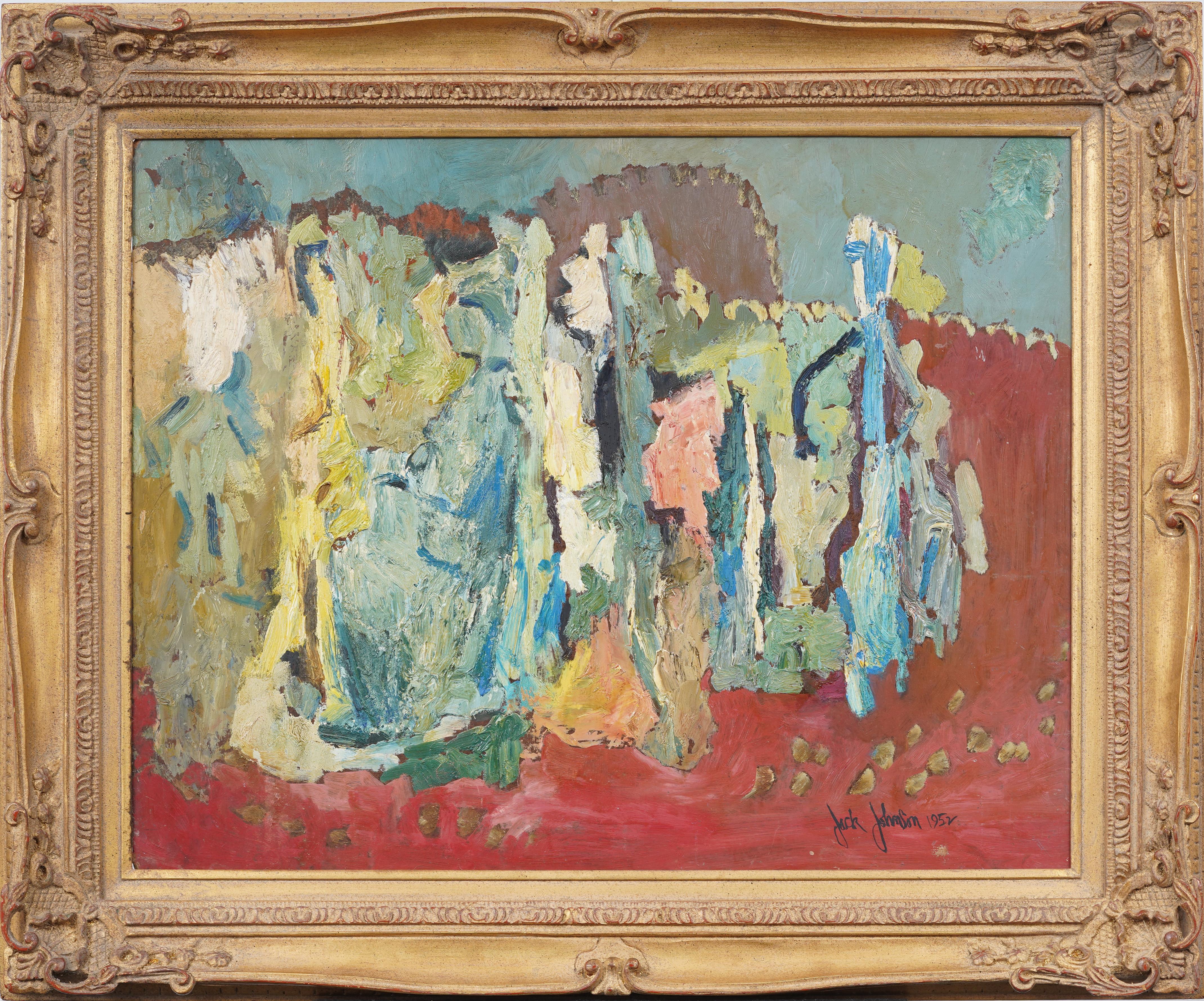 Antiguo cuadro al óleo abstracto figurativo modernista americano de mediados de siglo enmarcado - Painting de Jack Johnson