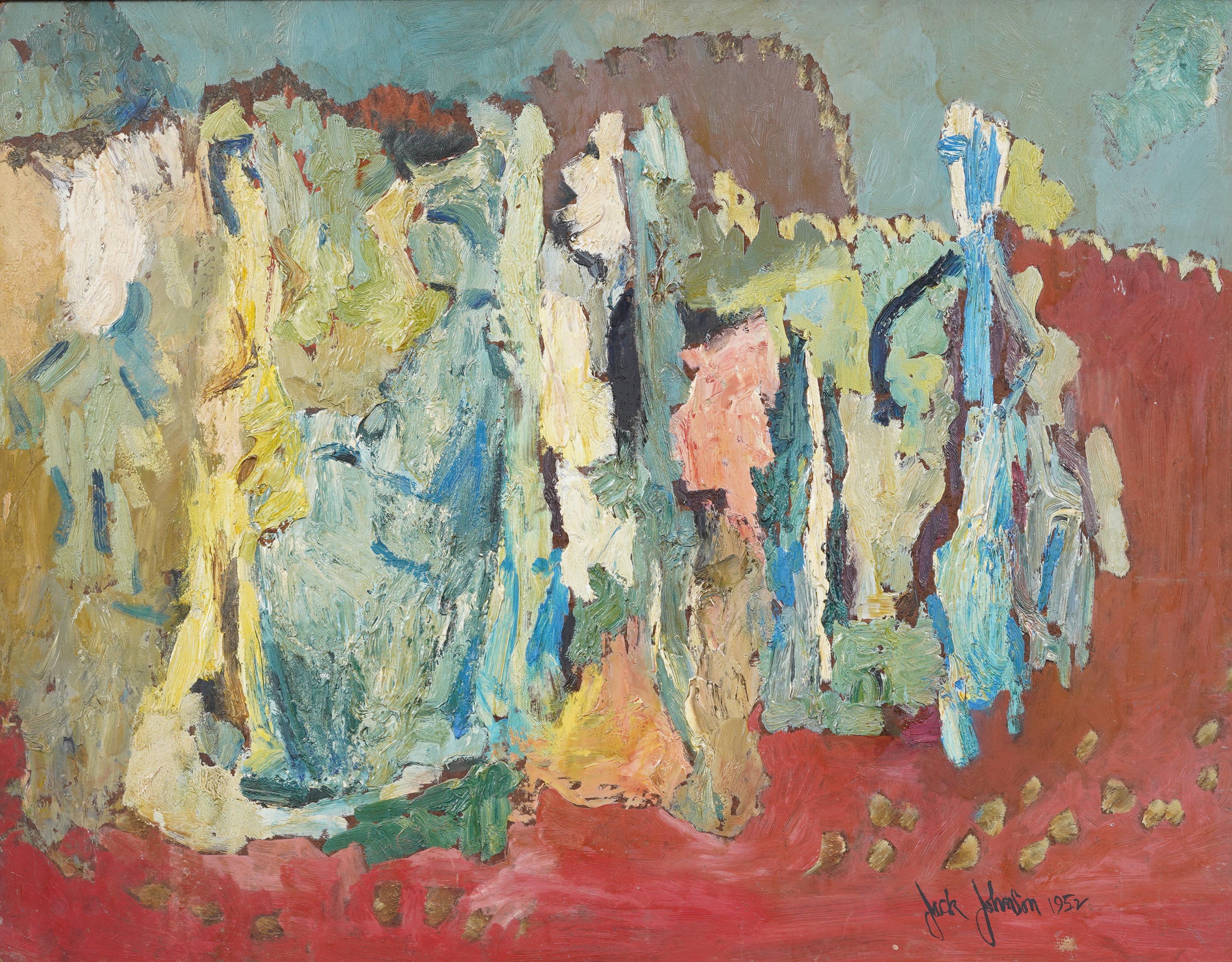 Antiguo cuadro al óleo abstracto figurativo modernista americano de mediados de siglo enmarcado - Painting Moderno de Jack Johnson