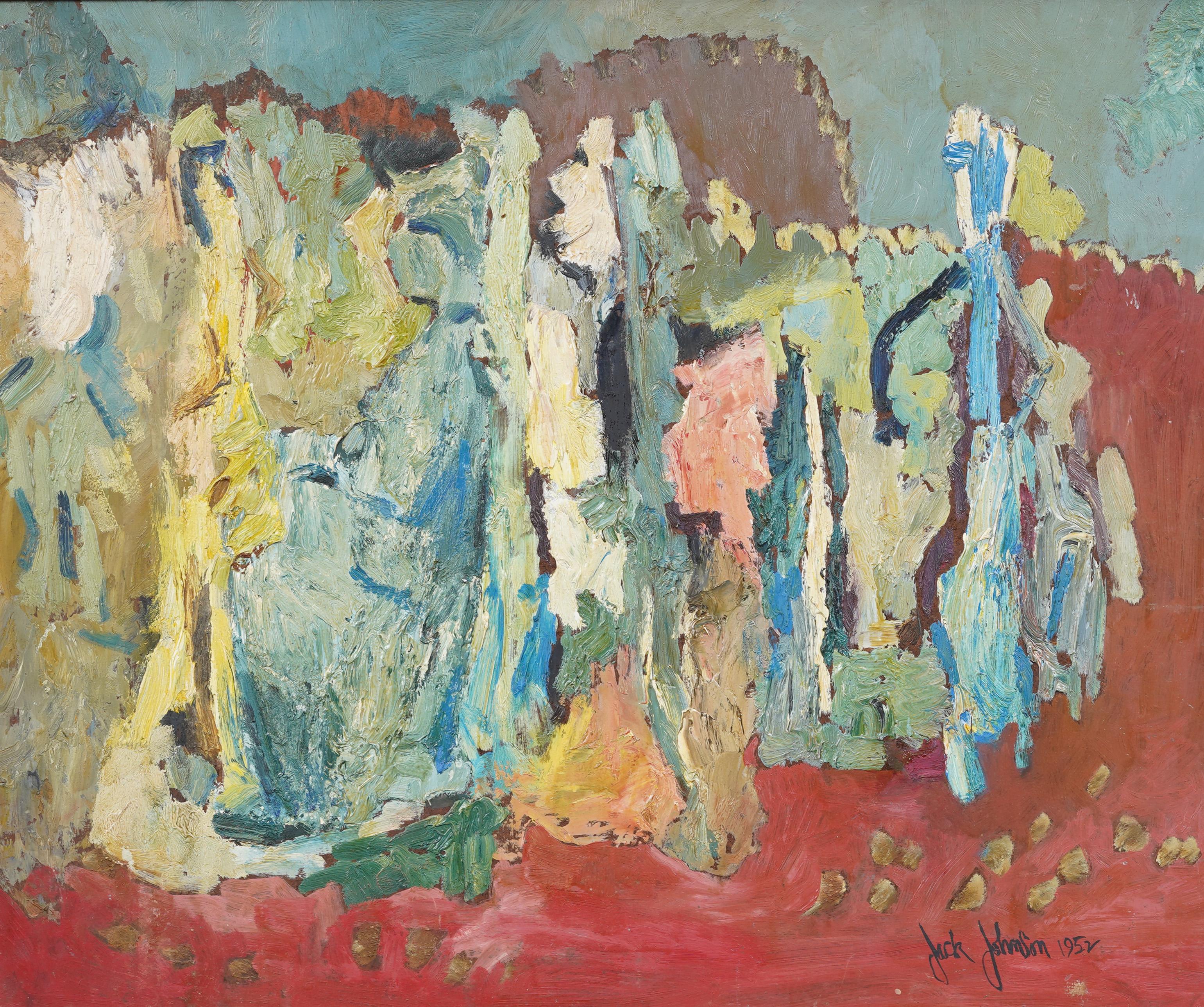 Antiguo cuadro al óleo abstracto figurativo modernista americano de mediados de siglo enmarcado - Figurative Painting Marrón de Jack Johnson