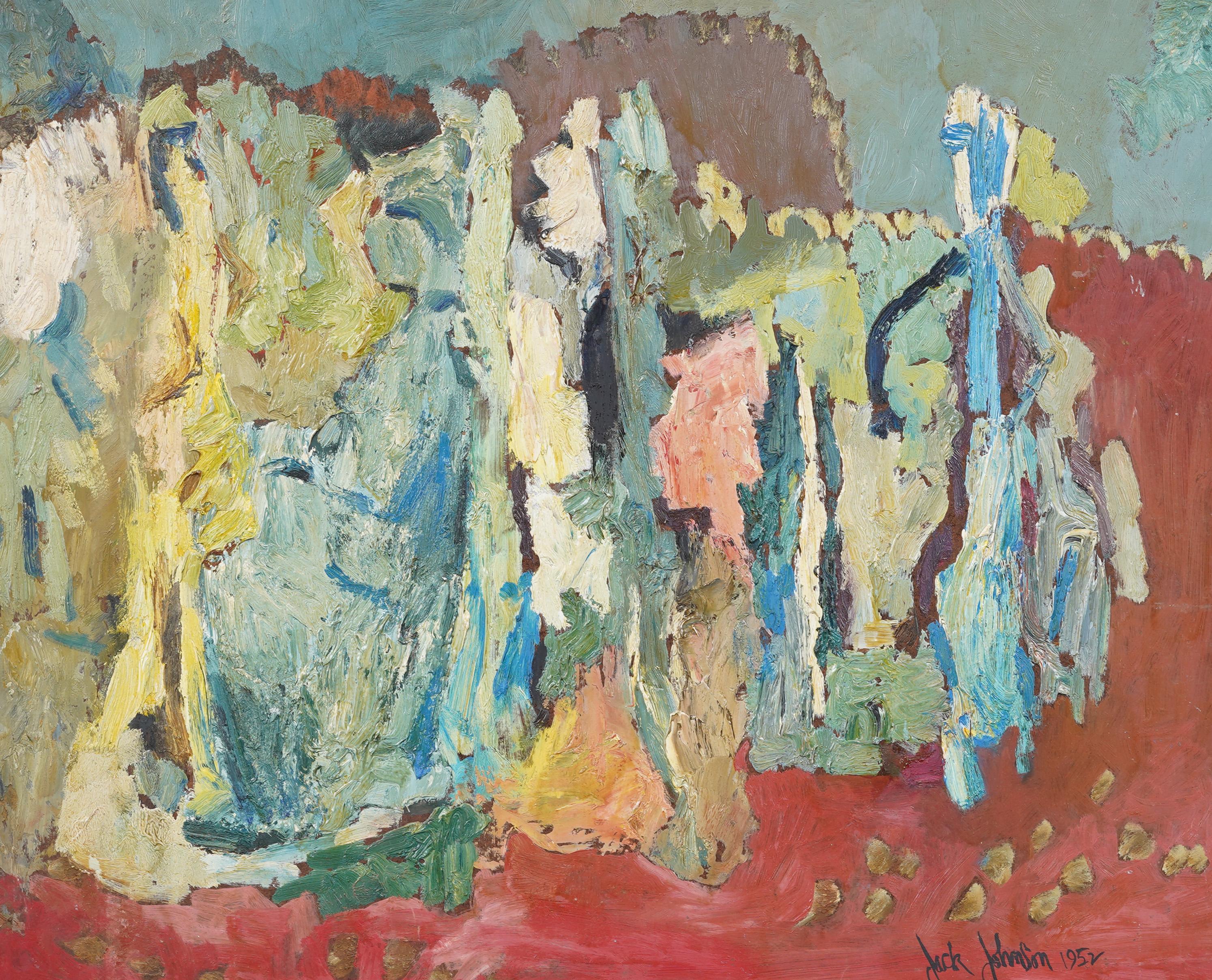 Antiguo óleo abstracto modernista americano. Óleo sobre tabla. Enmarcado. Firmado. Mide 30 por 36 pulgadas en total y 22 por 28 pintando solo. En excelente estado original. Bellamente enmarcada en una moldura modernista de madera dorada.  Excelente