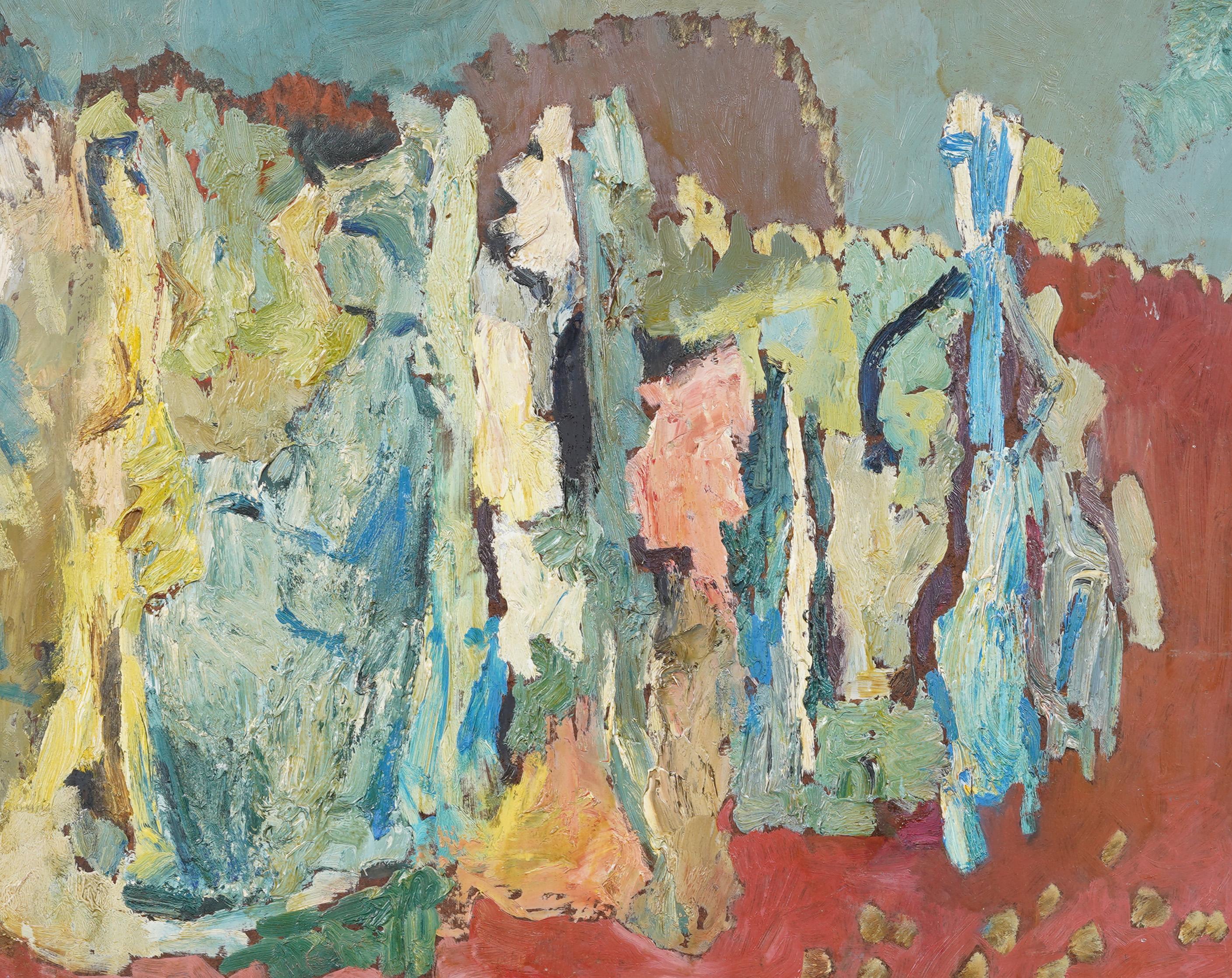 Antiguo cuadro al óleo abstracto figurativo modernista americano de mediados de siglo enmarcado en venta 1