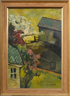 Signed Antique American Cherry Blossom Modernist Landscape Framed Oil Painting