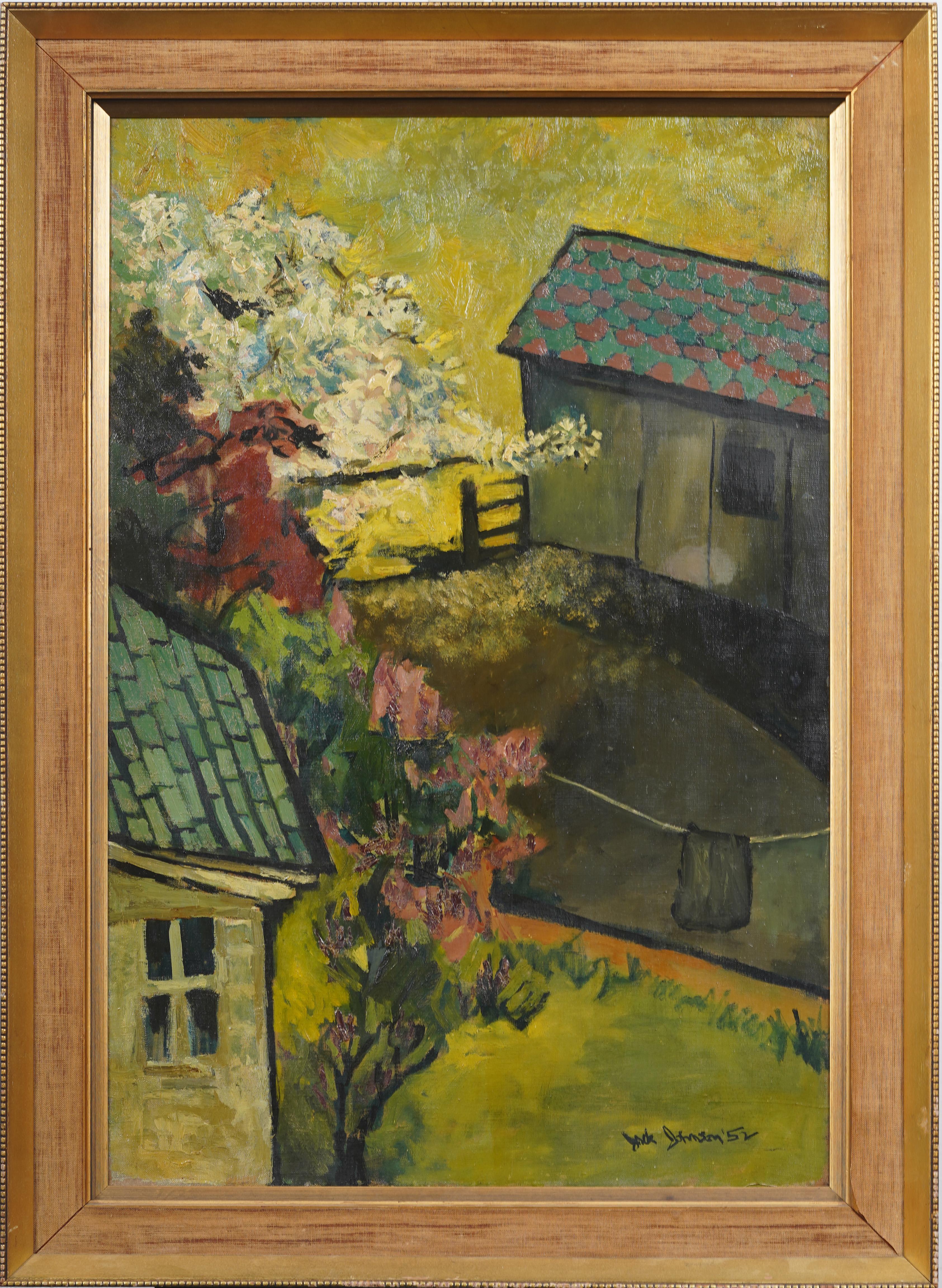 Signed Antique American Cherry Blossom Modernist Landscape Framed Oil Painting