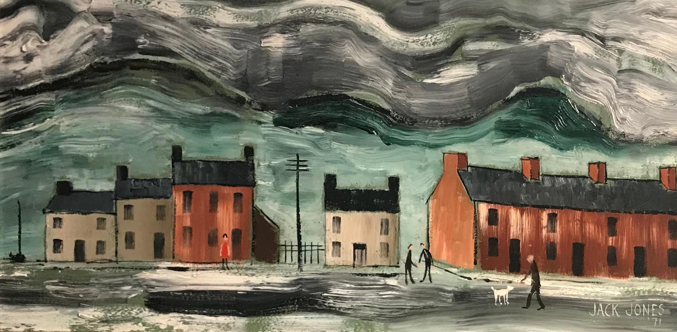 Jack Jones - Welsh Landscape 'Terrace, Man and Dog'. Houses, Moody sky and  Rich thick impasto For Sale at 1stDibs