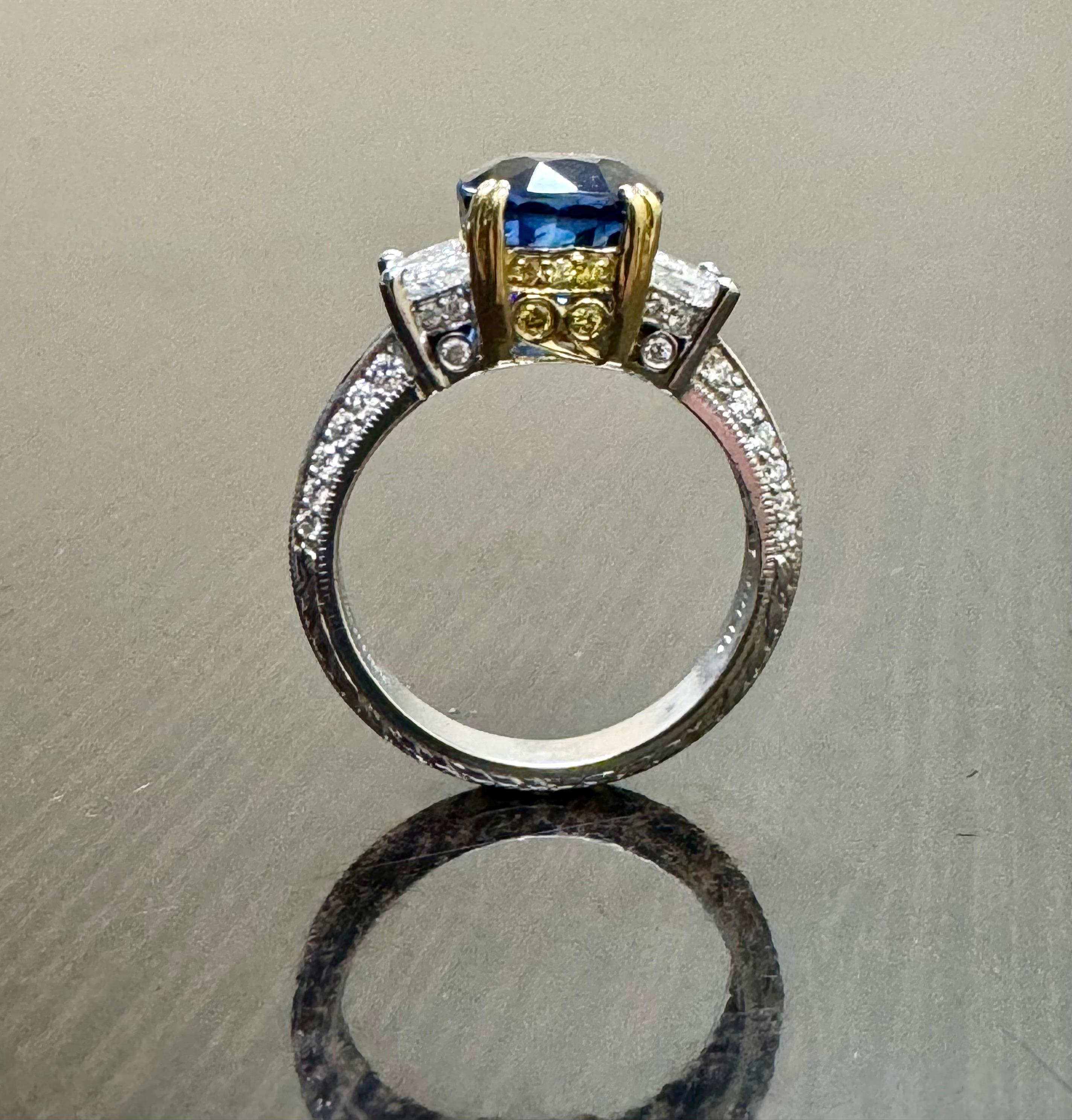 Jack Kelege Engraved Platinum Half Moon Diamond 4.10 Carat Blue Sapphire Ring 4