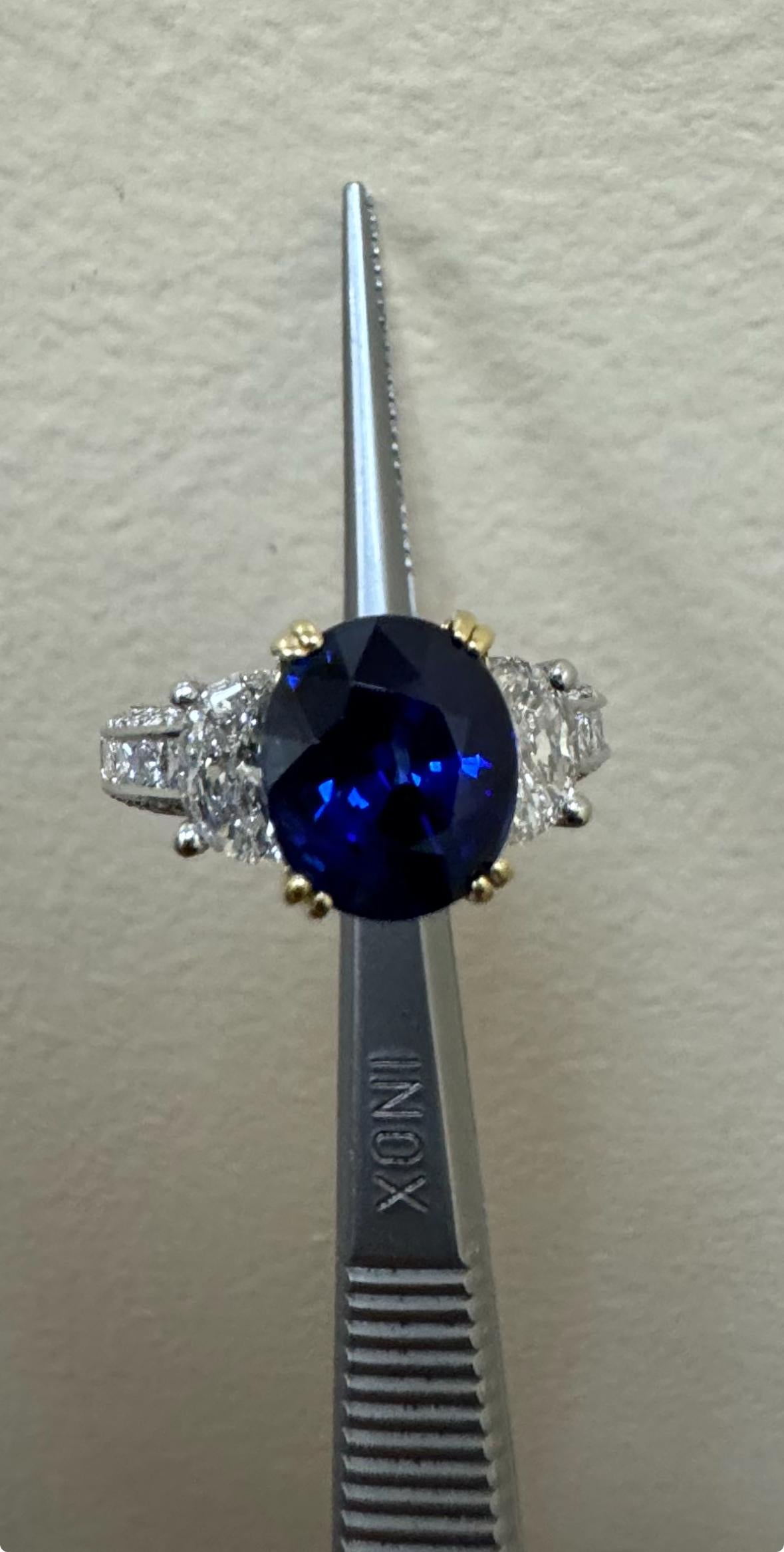 Jack Kelege Engraved Platinum Half Moon Diamond 4.10 Carat Blue Sapphire Ring 5