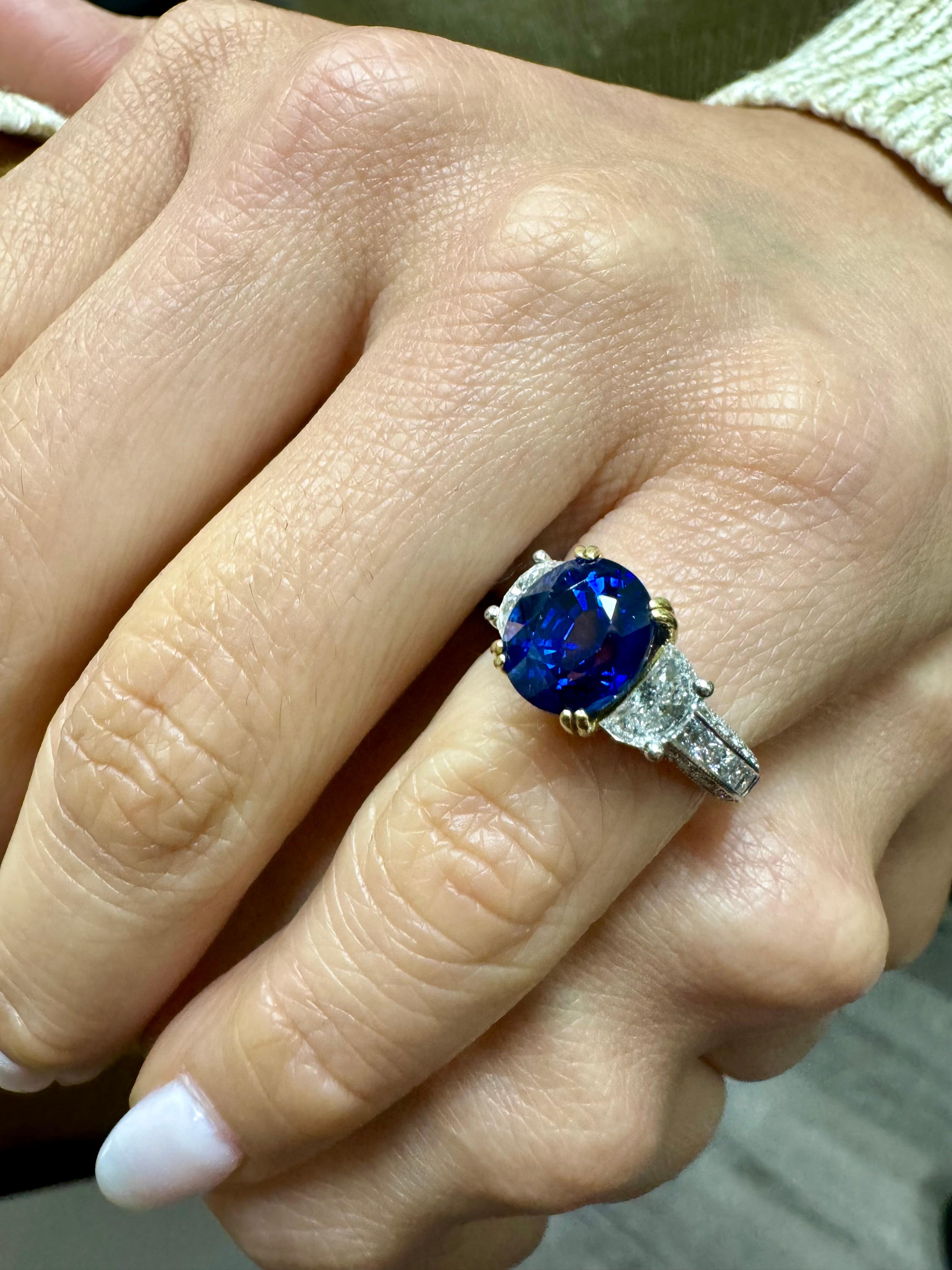 Jack Kelege Engraved Platinum Half Moon Diamond 4.10 Carat Blue Sapphire Ring 8