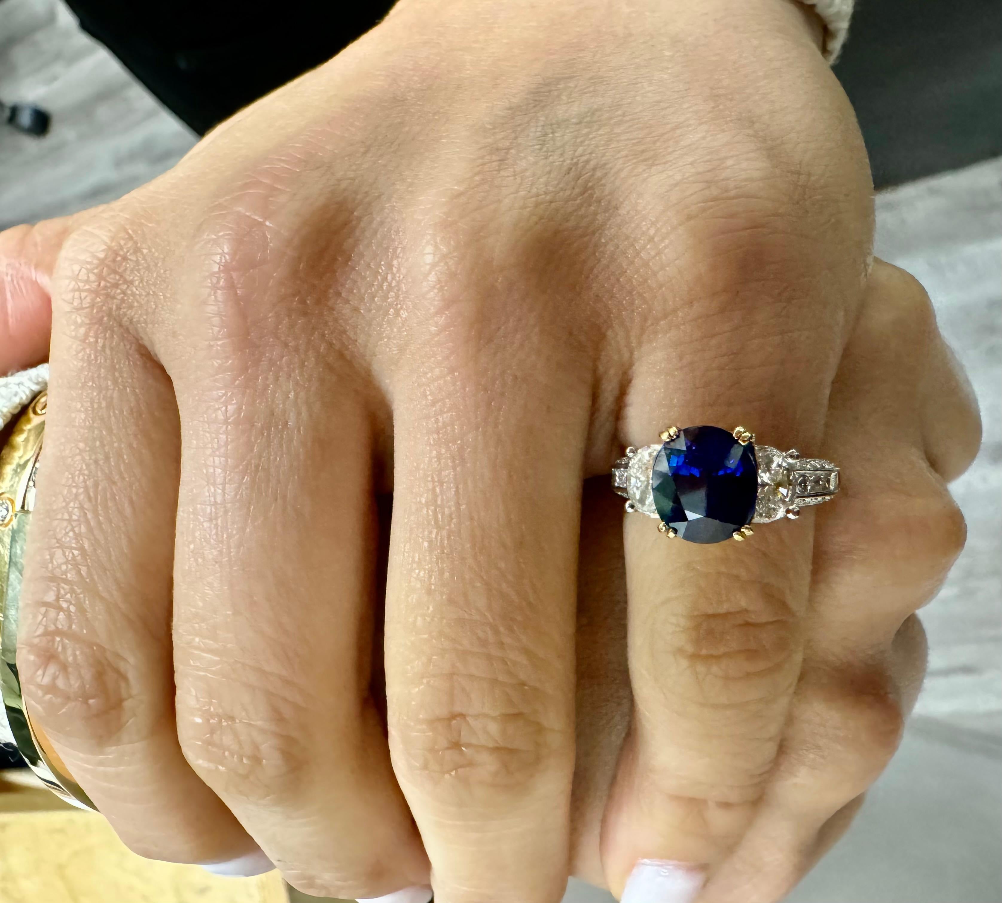 Jack Kelege Engraved Platinum Half Moon Diamond 4.10 Carat Blue Sapphire Ring 9