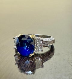Jack Kelege Engraved Platinum Half Moon Diamond 4.10 Carat Blue Sapphire Ring