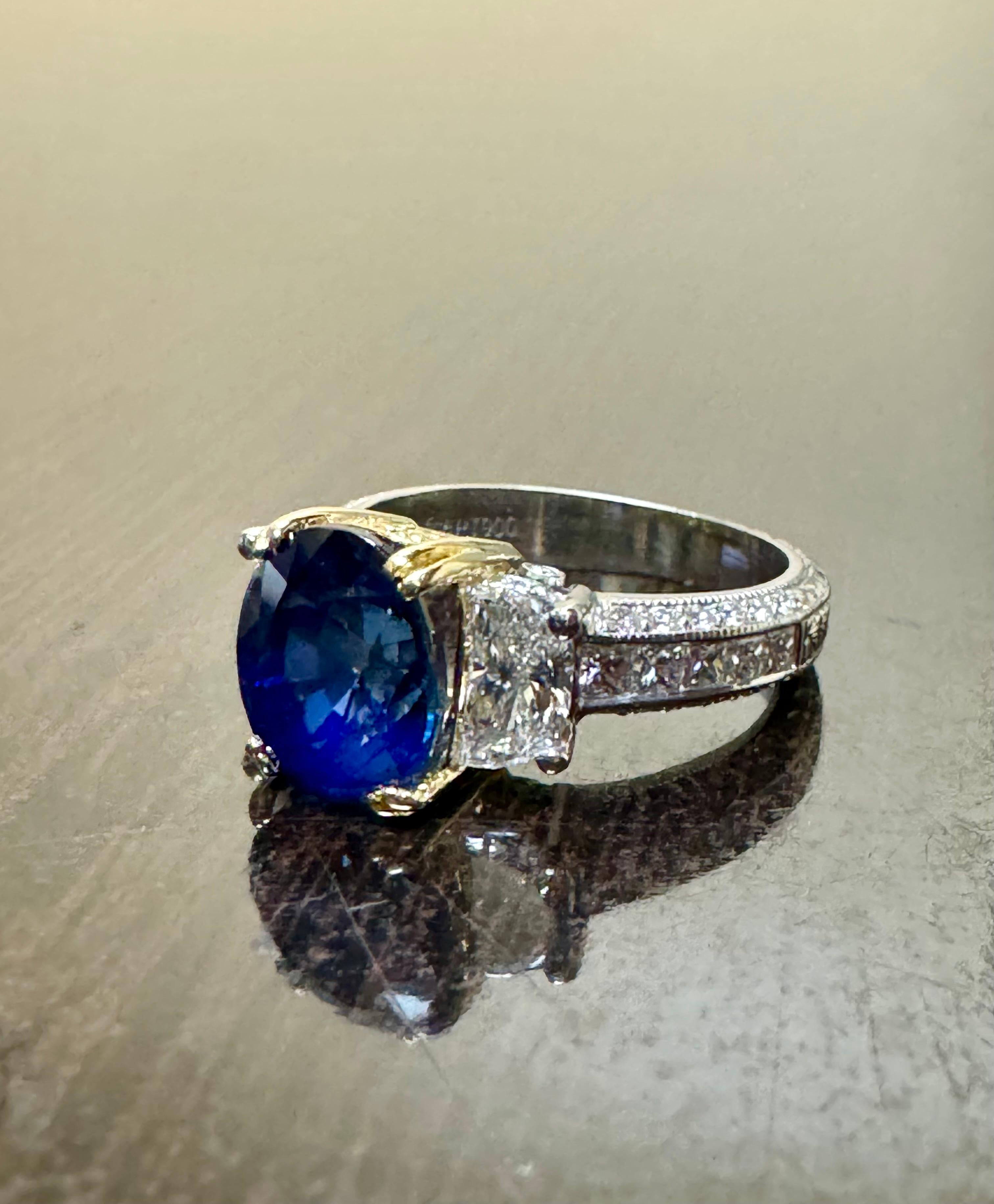 Modern Jack Kelege Engraved Platinum Half Moon Diamond 4.10 Carat Blue Sapphire Ring