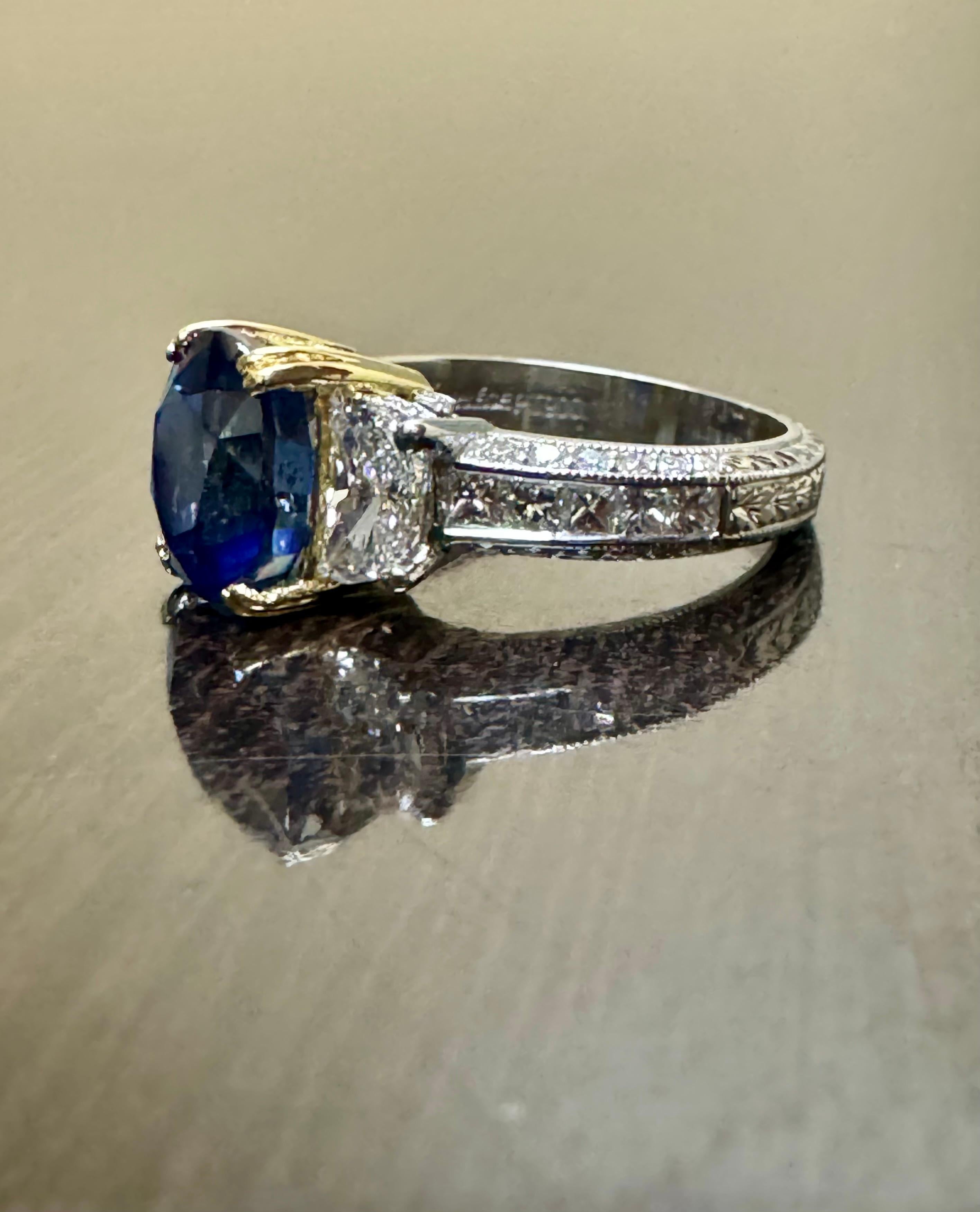 Oval Cut Jack Kelege Engraved Platinum Half Moon Diamond 4.10 Carat Blue Sapphire Ring