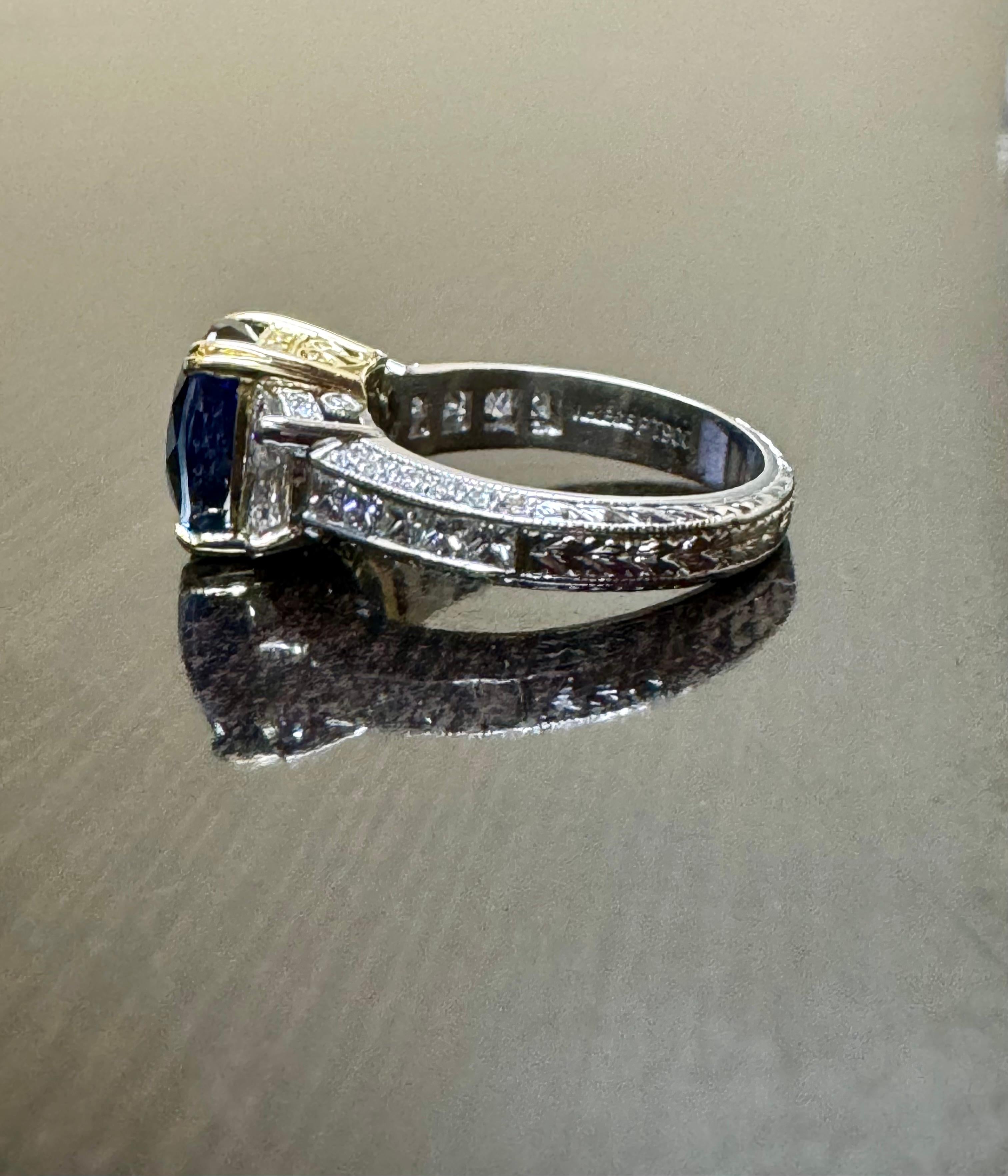 Jack Kelege Engraved Platinum Half Moon Diamond 4.10 Carat Blue Sapphire Ring In Excellent Condition In Los Angeles, CA