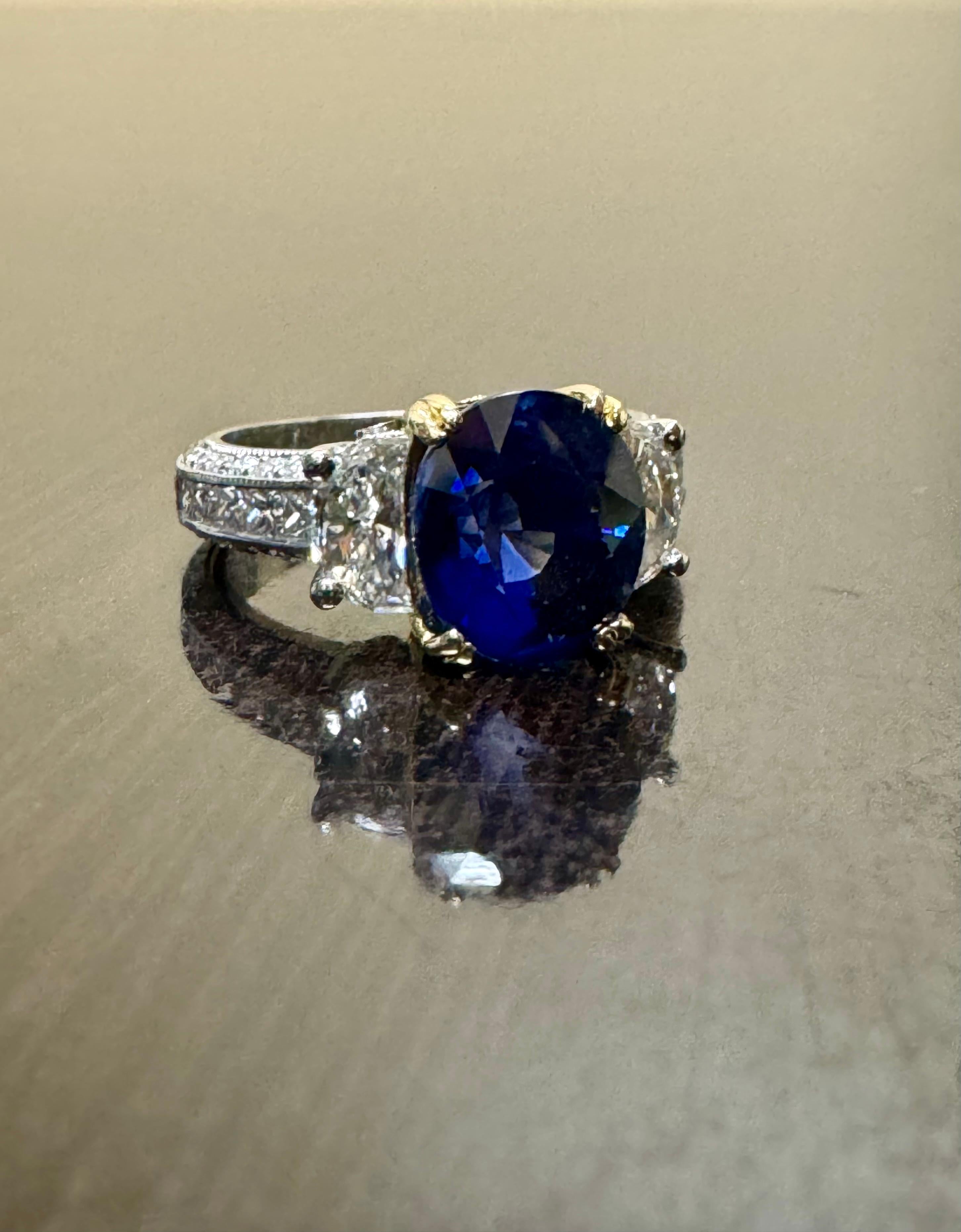 Women's Jack Kelege Engraved Platinum Half Moon Diamond 4.10 Carat Blue Sapphire Ring