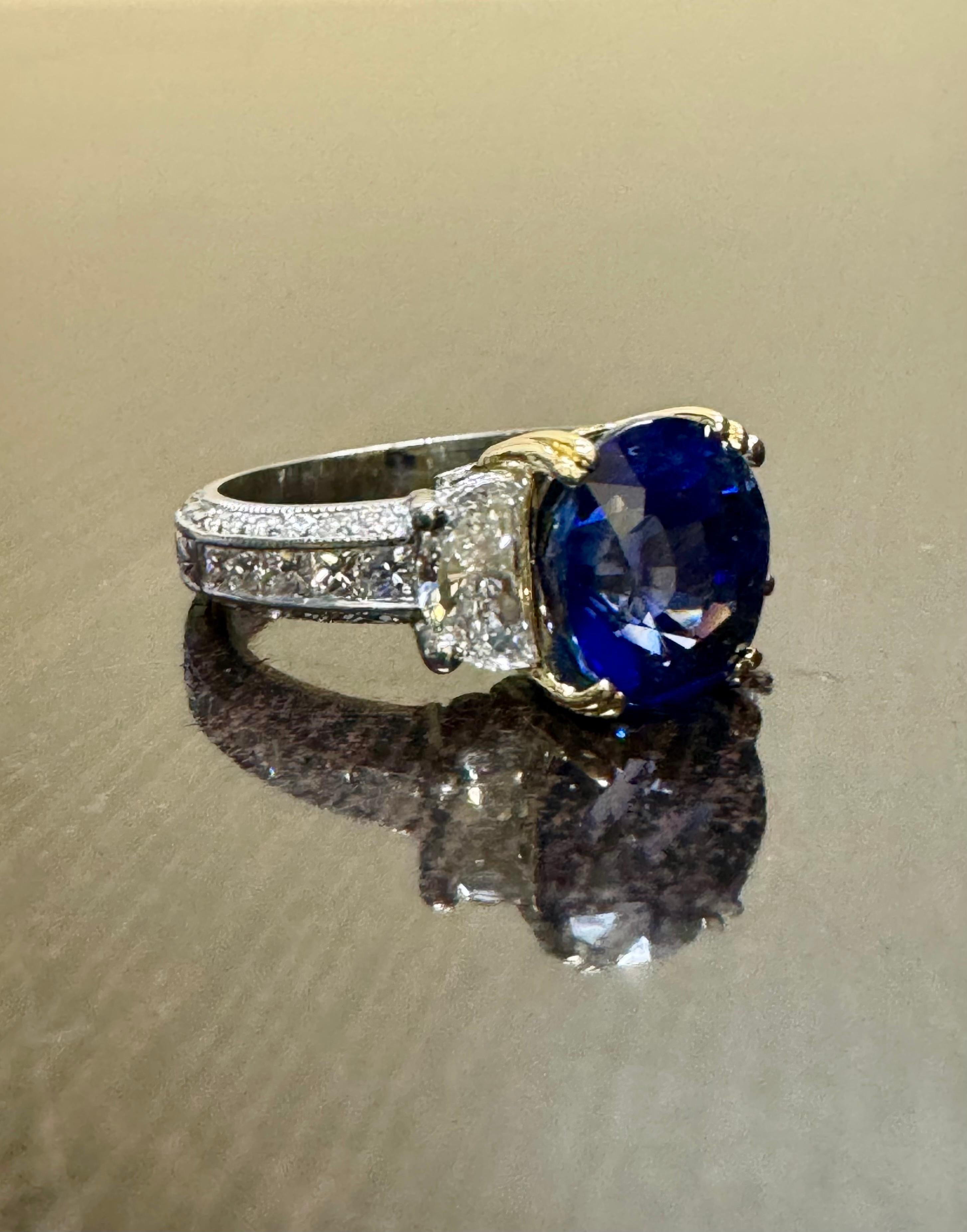 Jack Kelege Engraved Platinum Half Moon Diamond 4.10 Carat Blue Sapphire Ring 1
