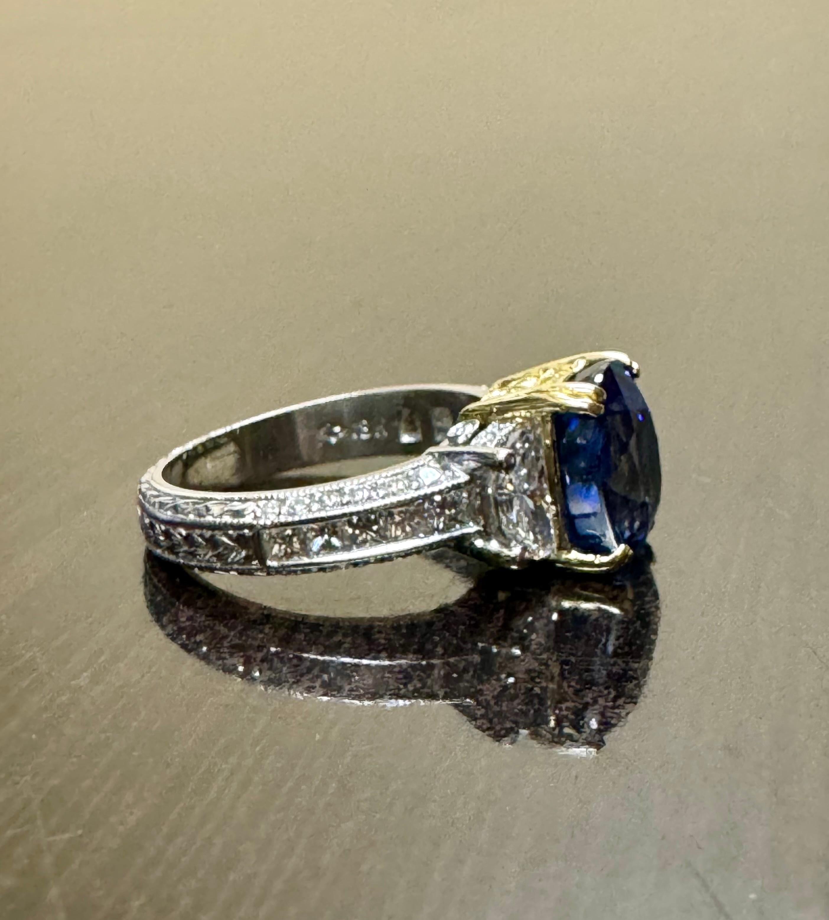 Jack Kelege Engraved Platinum Half Moon Diamond 4.10 Carat Blue Sapphire Ring 2