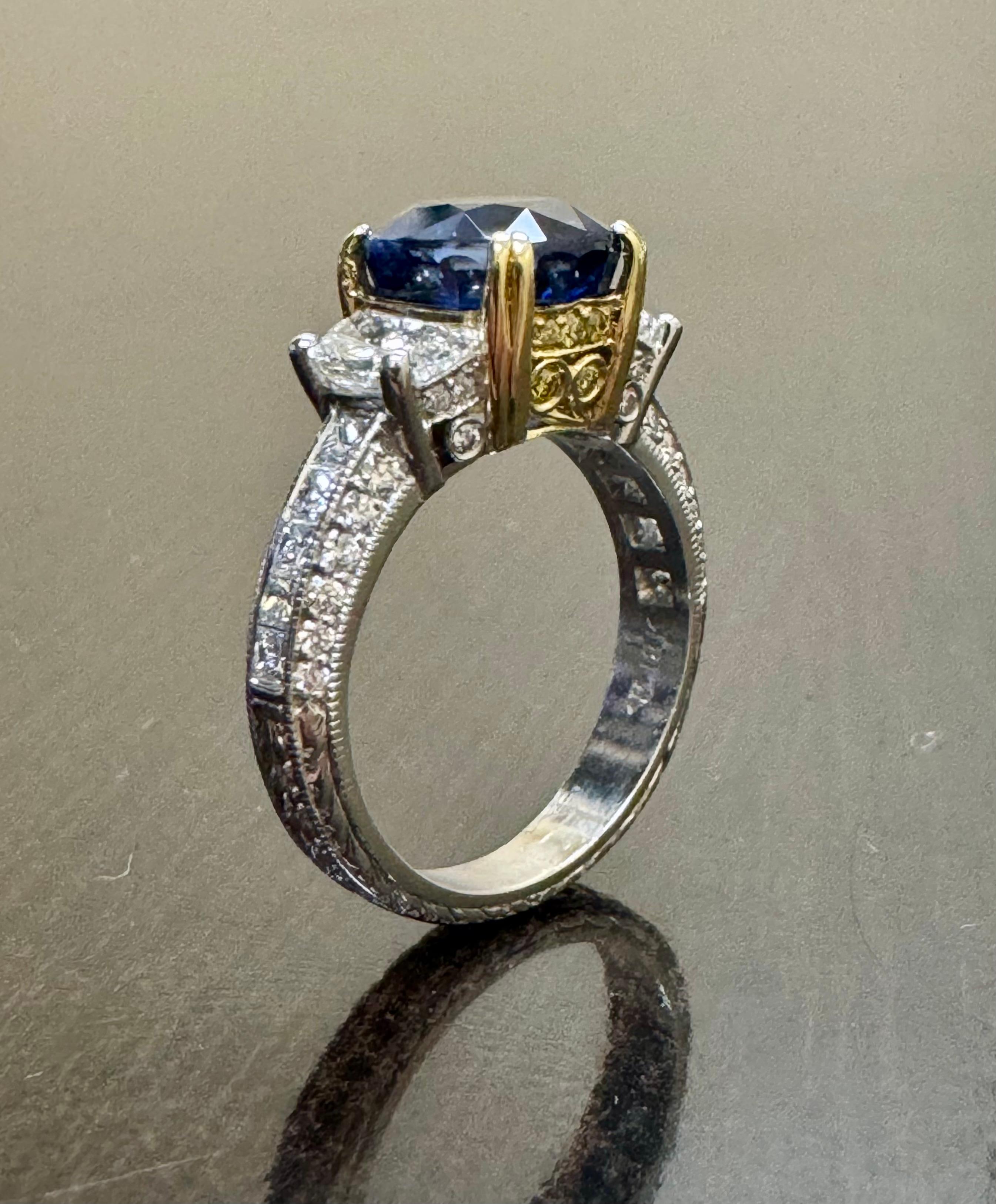 Jack Kelege Engraved Platinum Half Moon Diamond 4.10 Carat Blue Sapphire Ring 3