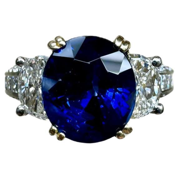 Jack Kelege Engraved Platinum Half Moon Diamond 4.10 Carat Blue Sapphire Ring