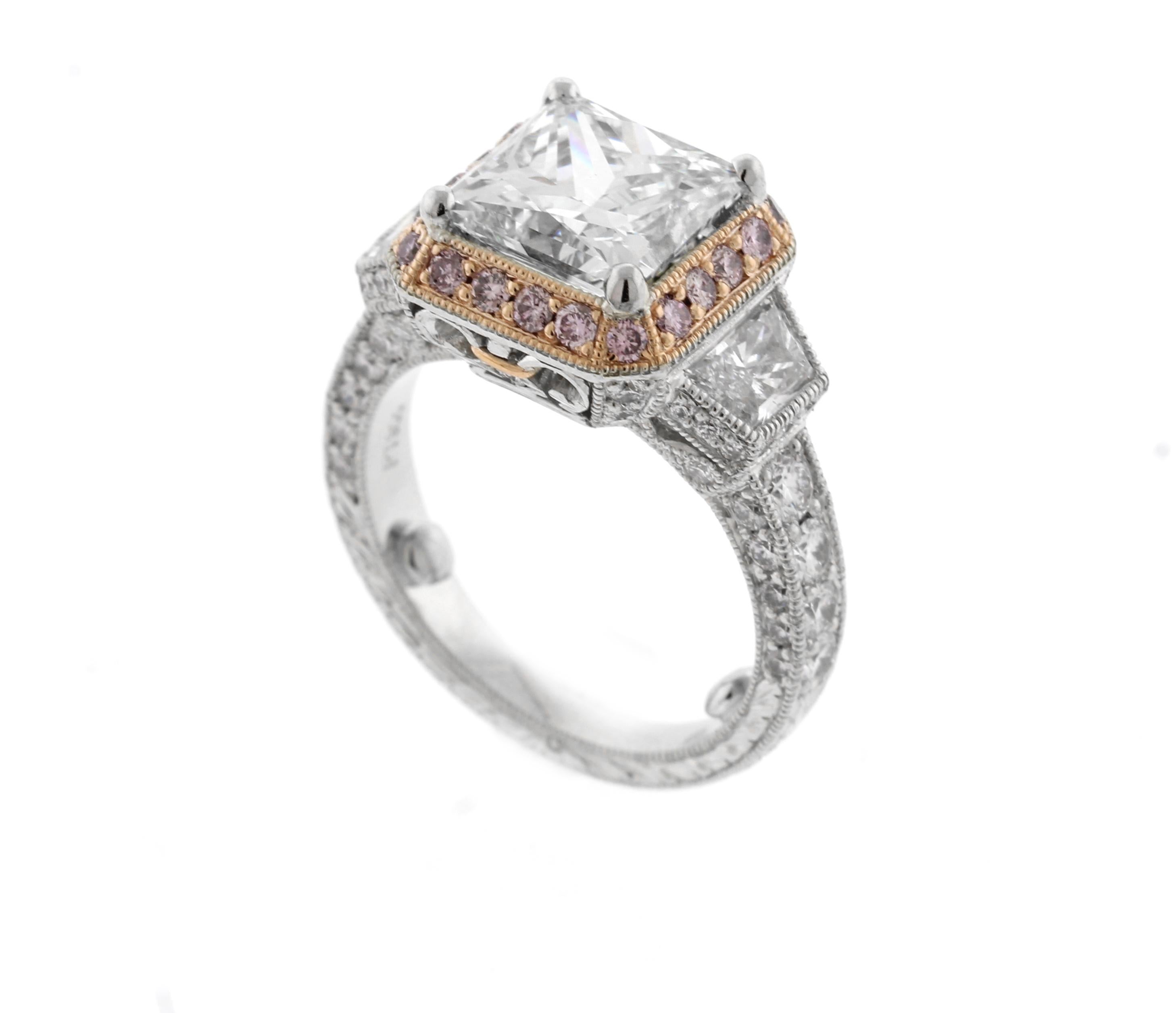 da uomo o donna Anello di fidanzamento Jack Kelége Heritage con diamante rosa e taglio principessa da 3 carati in vendita