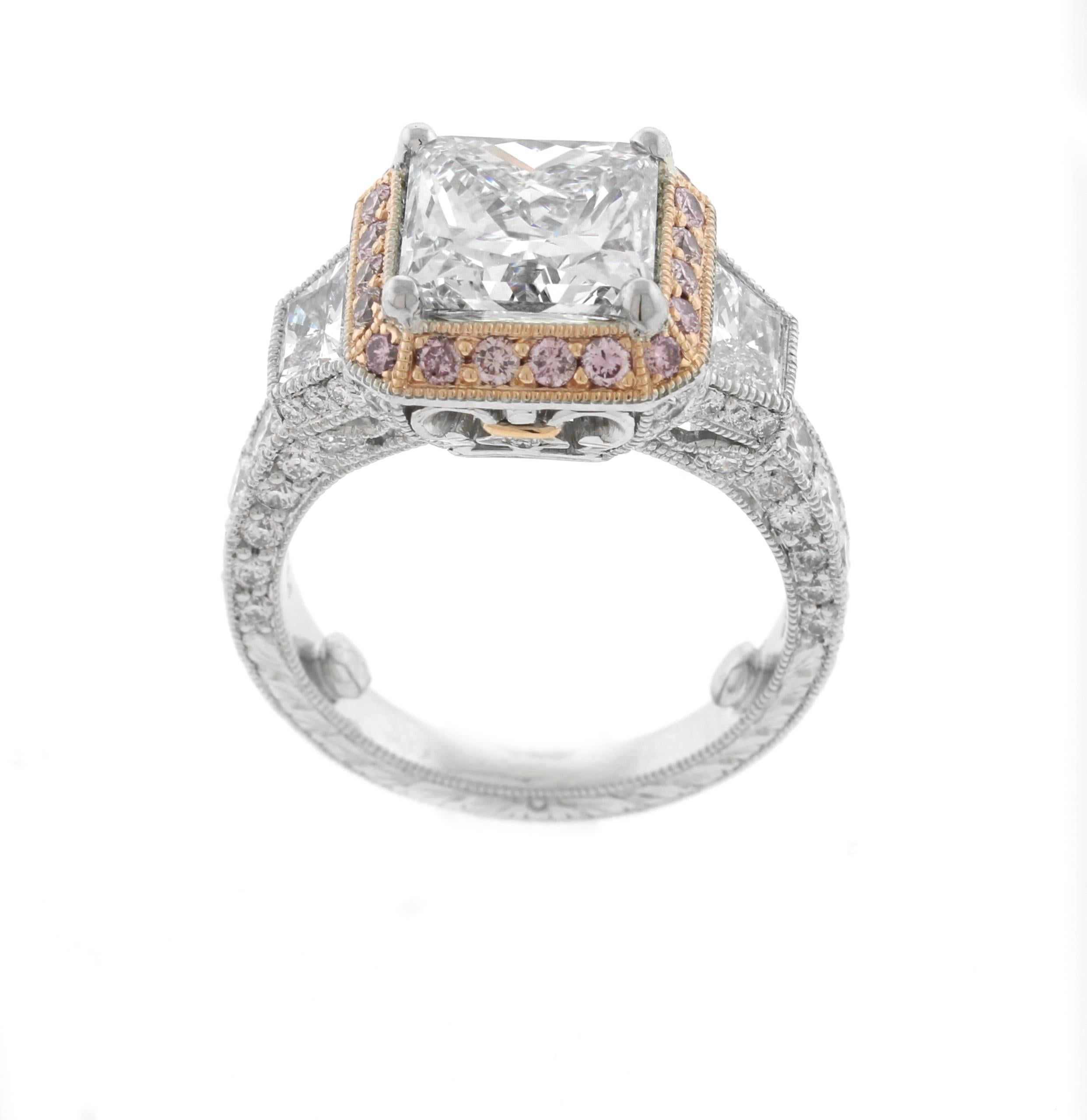 Jack Kelége Heritage 3 Carat Princess Cut and Pink Diamond Engagement Ring In Excellent Condition For Sale In Bethesda, MD
