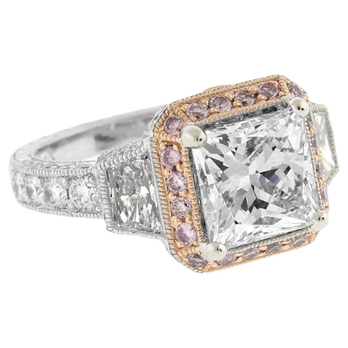 Jack Kelége Heritage 3 Carat Princess Cut and Pink Diamond Engagement Ring For Sale