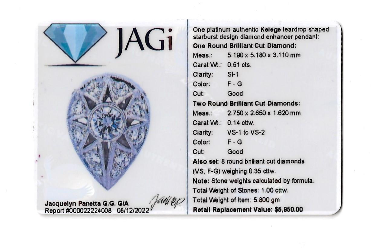 Jack Kelege Teardrop Shaped Diamond Starburst Design Platinum Enhancer Pendant For Sale 6