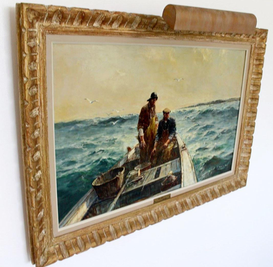 Mid Century Modern Framed Ram Boat Signed Oil Signed Jack Lorimer Gray 1950s 60s For Sale 1