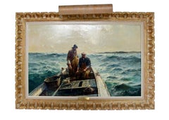 Mid Century Modern Framed Ram Boat Signed Oil Signed Jack Lorimer Gray 1950s 60s