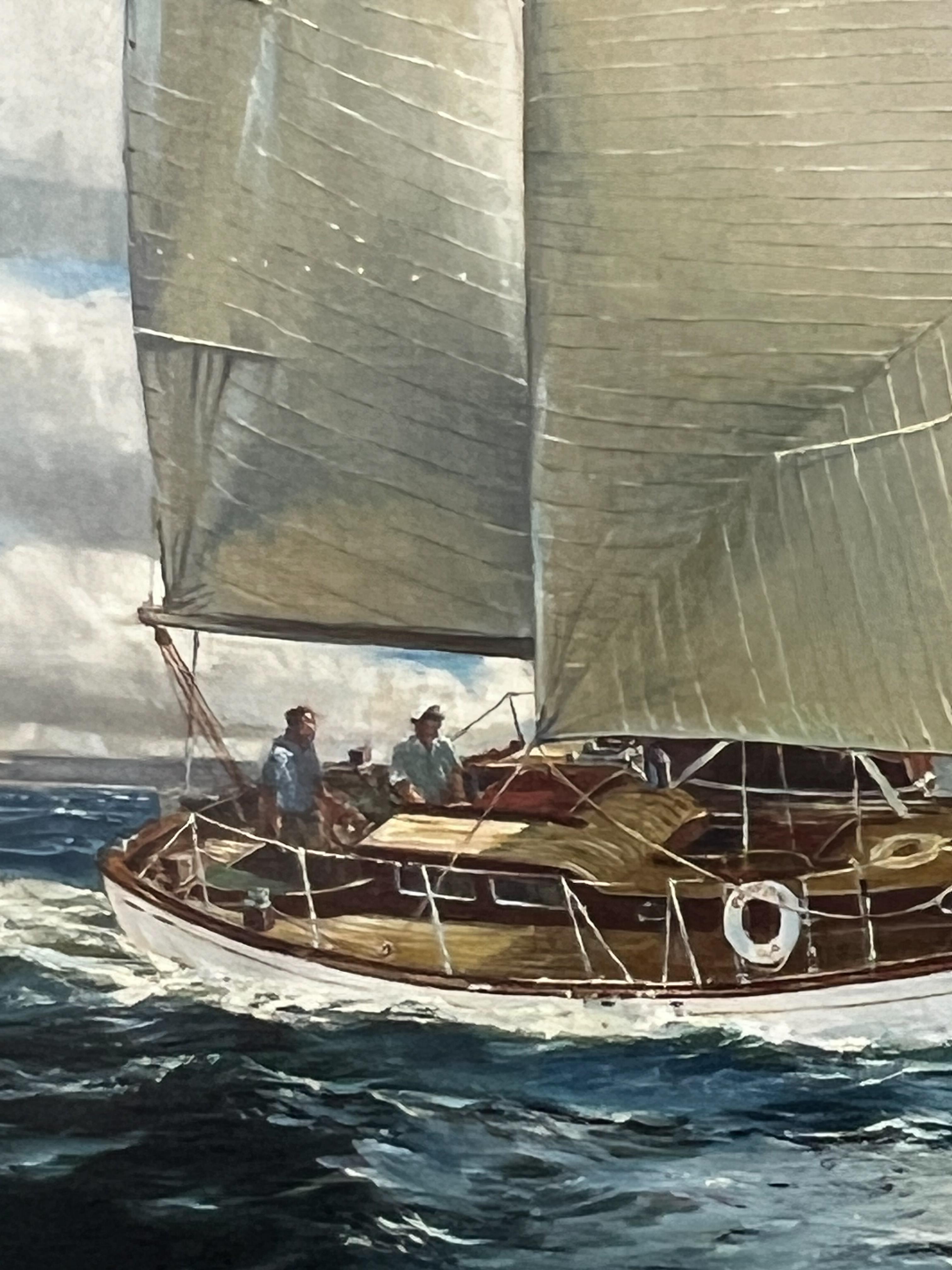Brezza di mare Off Shore Breeze.  Famoso artista di Marin.  Scena costiera con barca a vela. - Painting di Jack Lorimer Gray