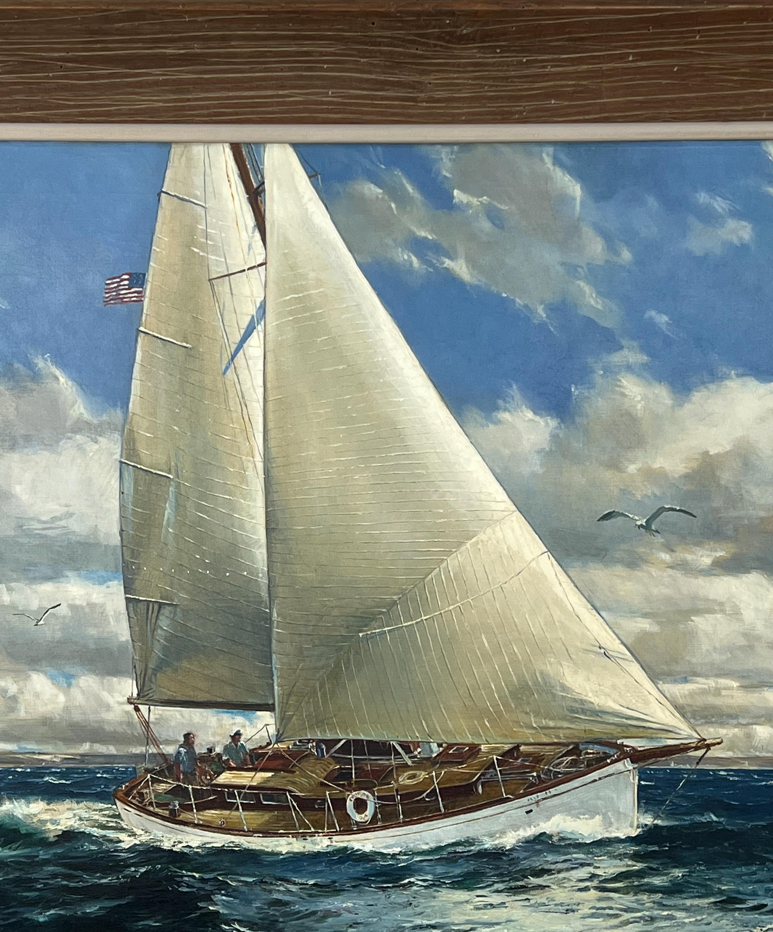 Brezza di mare Off Shore Breeze.  Famoso artista di Marin.  Scena costiera con barca a vela. in vendita 1