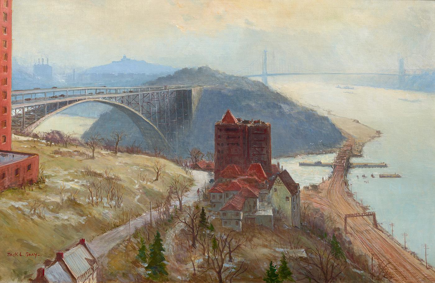 Jack Lorimer Gray Landscape Painting - Spuyten Duyvil (Bridges on the Hudson)