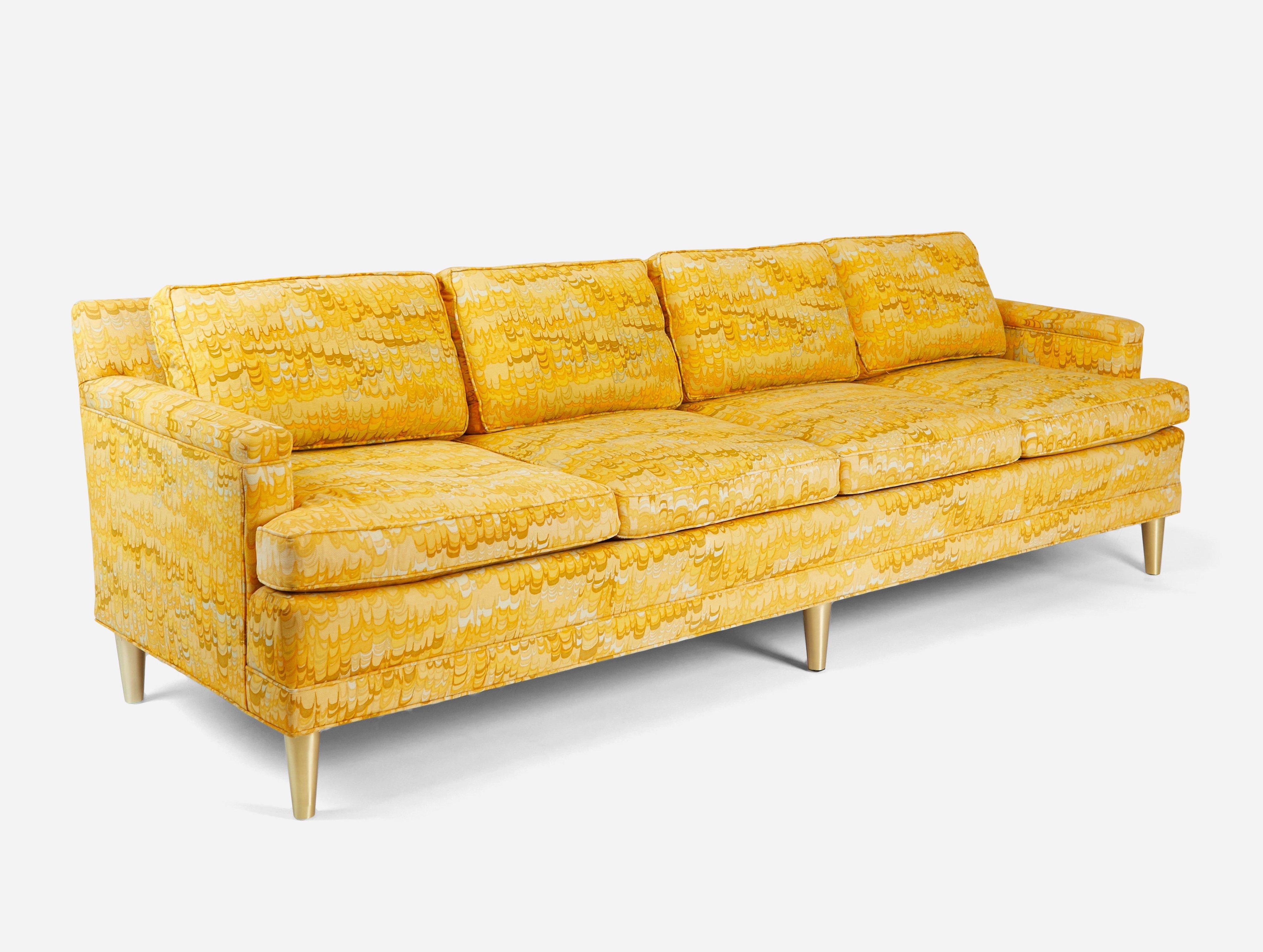 Beautiful Jack Lenor Larsen sofa on brass legs. 8' long. Original fabric with down filled cushions. We also have an 11 foot version of this sofa available separately.