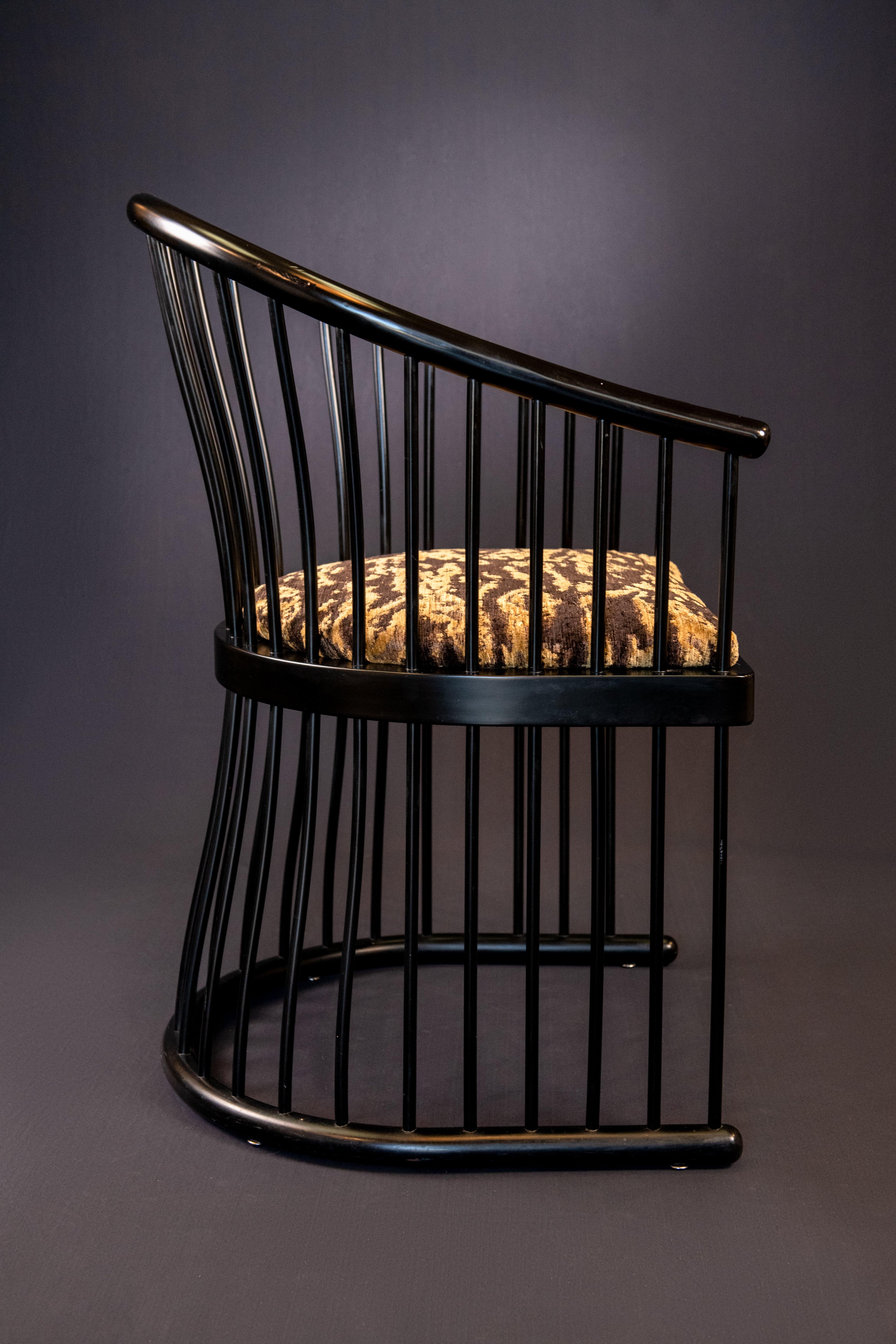 Black Lacquer Jack Lenor Larsen Cage Chairs upholstered in new animal print Scalamandre fabric. The chairs are from the 1970’s in the mid-century Hollywood Regency style and have an 18” seat height. 

To view all of  our listings at Tiffany Farha