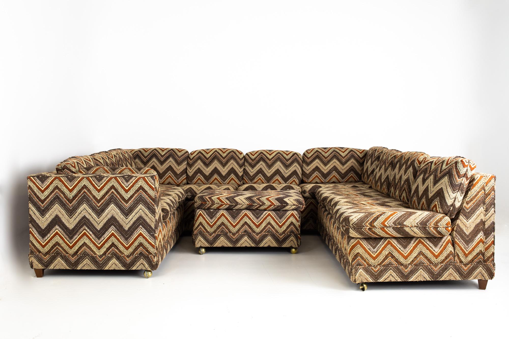 Jack Lenor Larsen style mid century Chevron sectional sofa
This sectional sofa measures: 245.5 wide x 34 deep x 27.5 inches high with a seat height of 18.5 and arm height of 27.5 inches

All pieces of furniture can be had in what we call restored