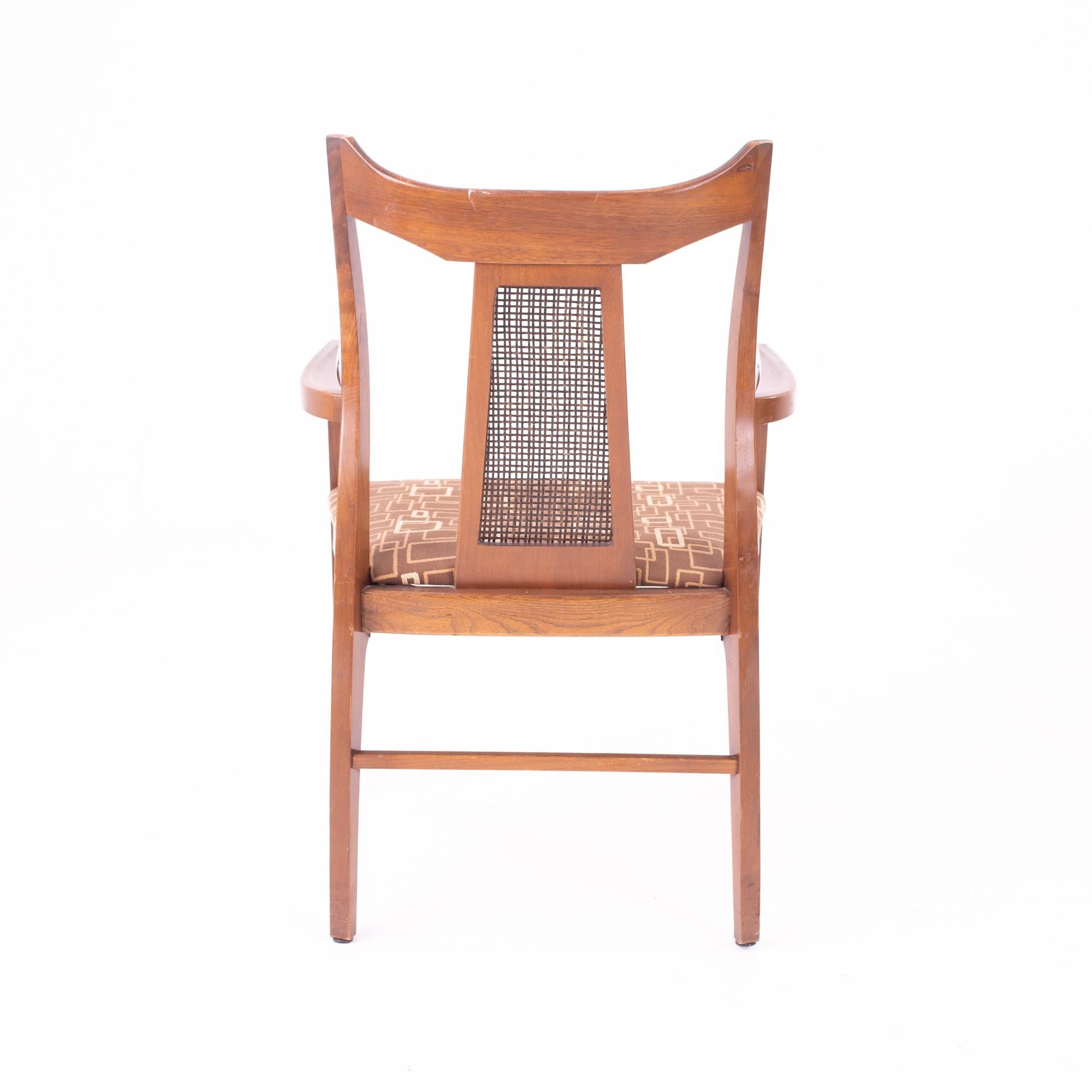 Jack Lenor Larsen Style Mid Century Walnut and Cane Upholstered Dining Chairs For Sale 4