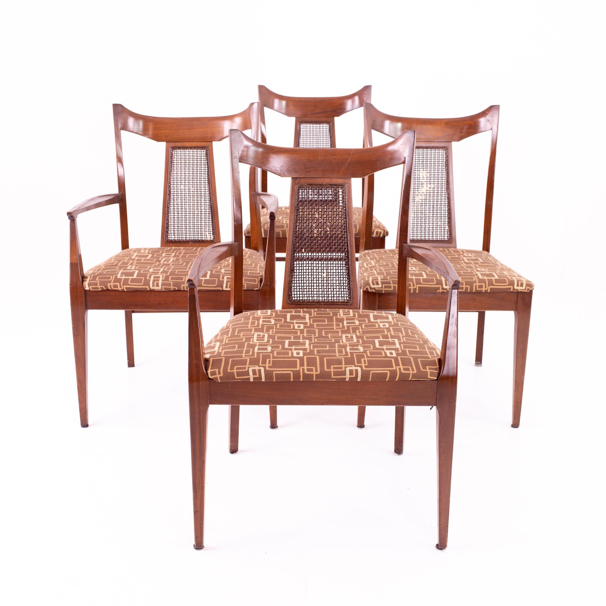 Mid-Century Modern Jack Lenor Larsen Style Mid Century Walnut and Cane Upholstered Dining Chairs For Sale