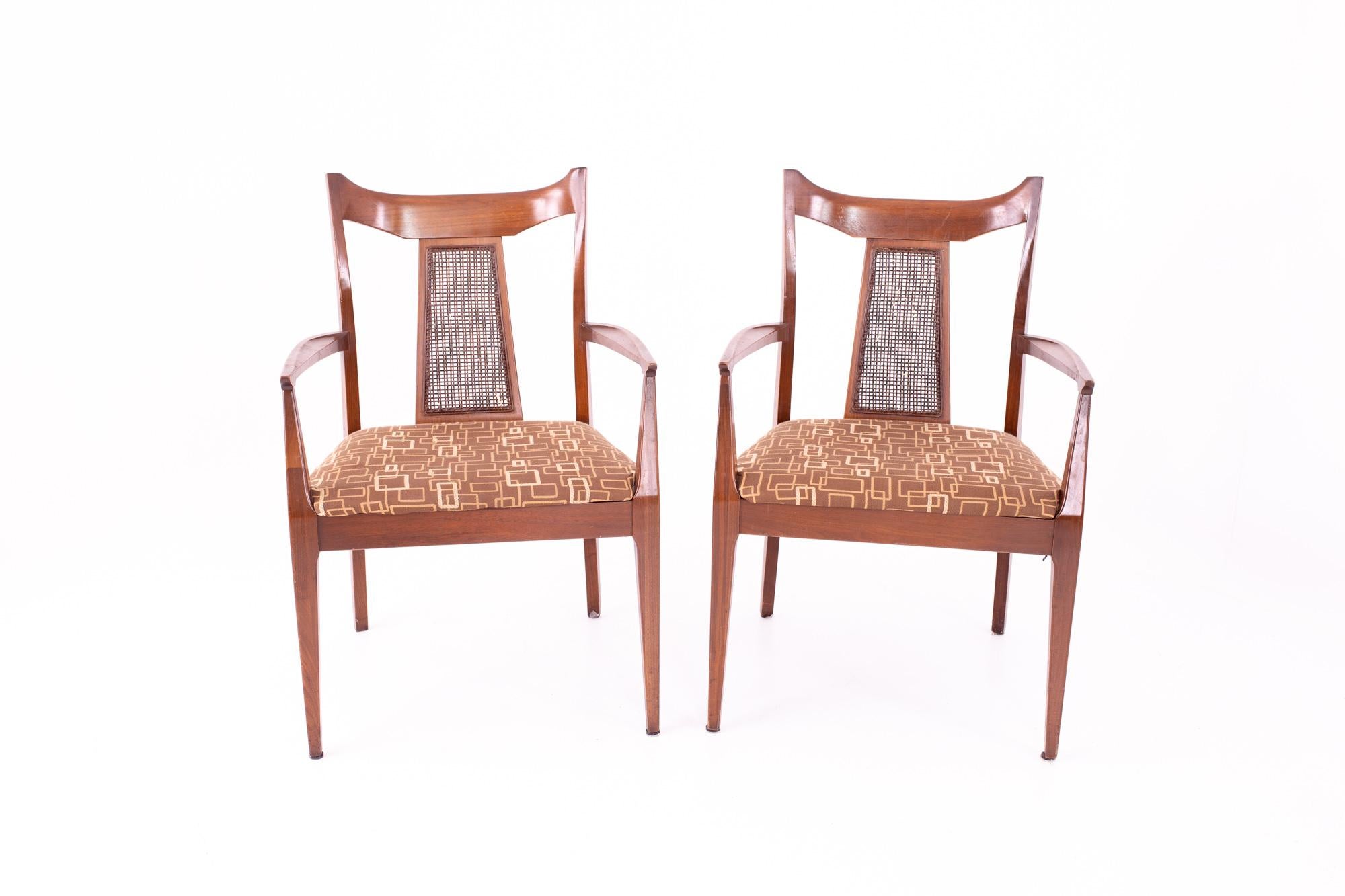 American Jack Lenor Larsen Style Mid Century Walnut and Cane Upholstered Dining Chairs For Sale