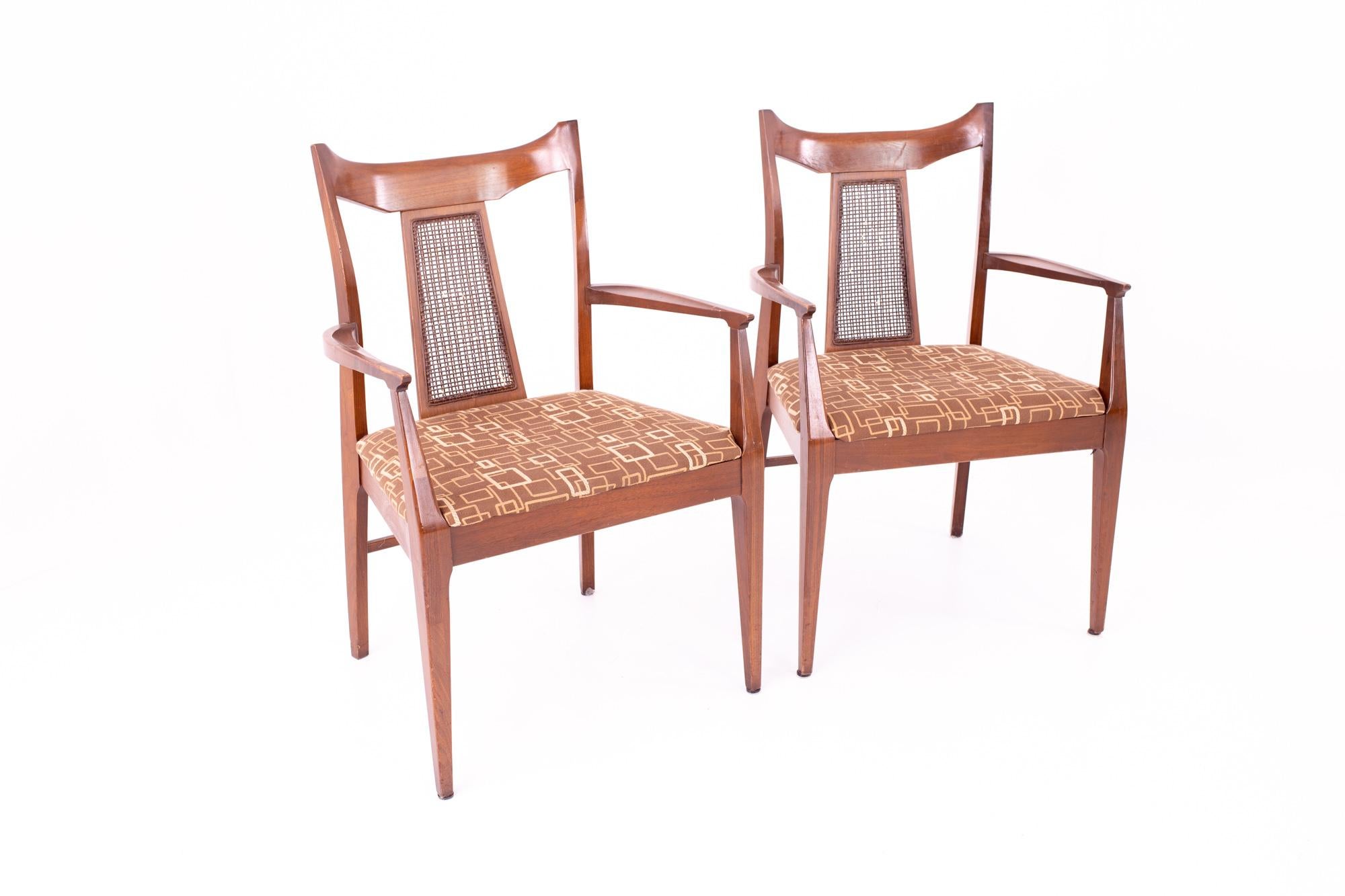 Jack Lenor Larsen Style Mid Century Walnut and Cane Upholstered Dining Chairs In Excellent Condition For Sale In Countryside, IL