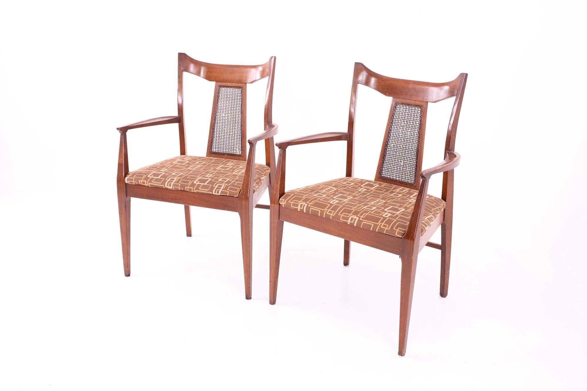 Late 20th Century Jack Lenor Larsen Style Mid Century Walnut and Cane Upholstered Dining Chairs For Sale