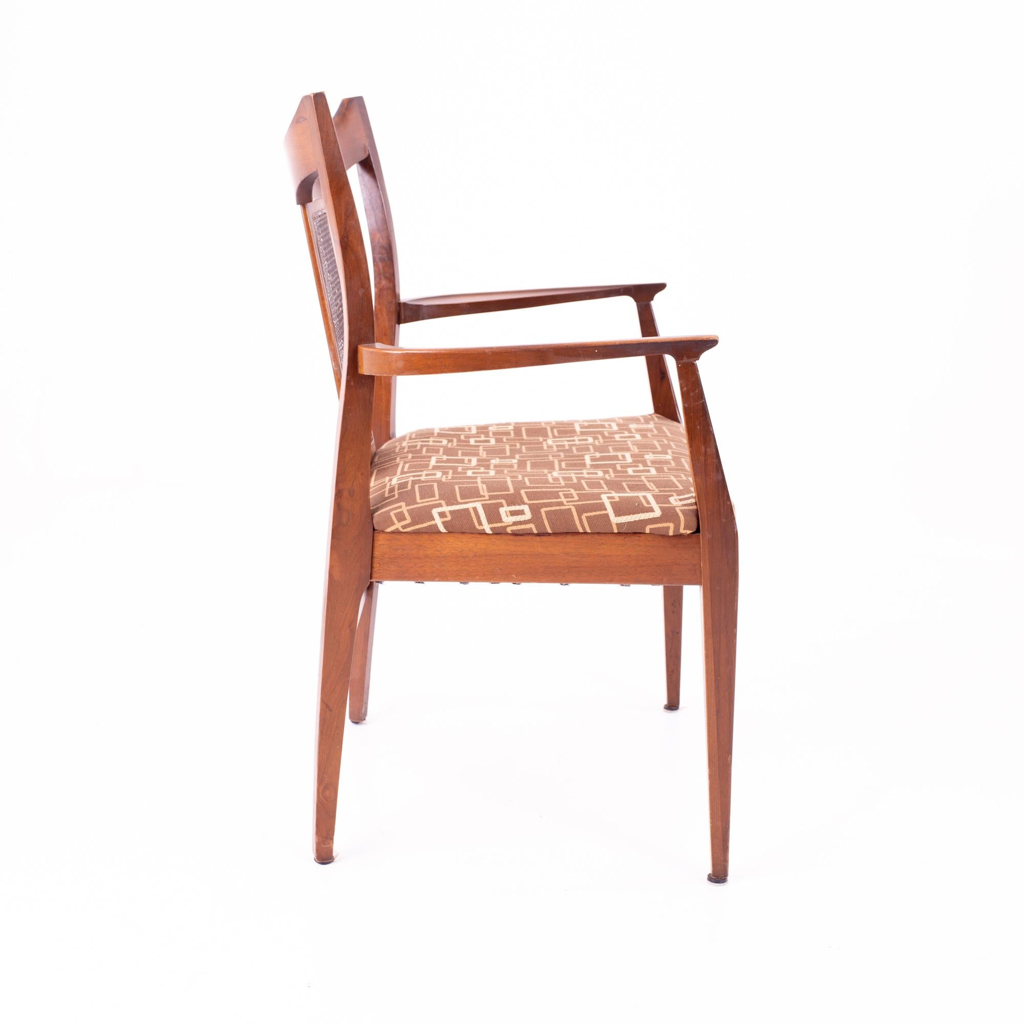 Jack Lenor Larsen Style Mid Century Walnut and Cane Upholstered Dining Chairs For Sale 3