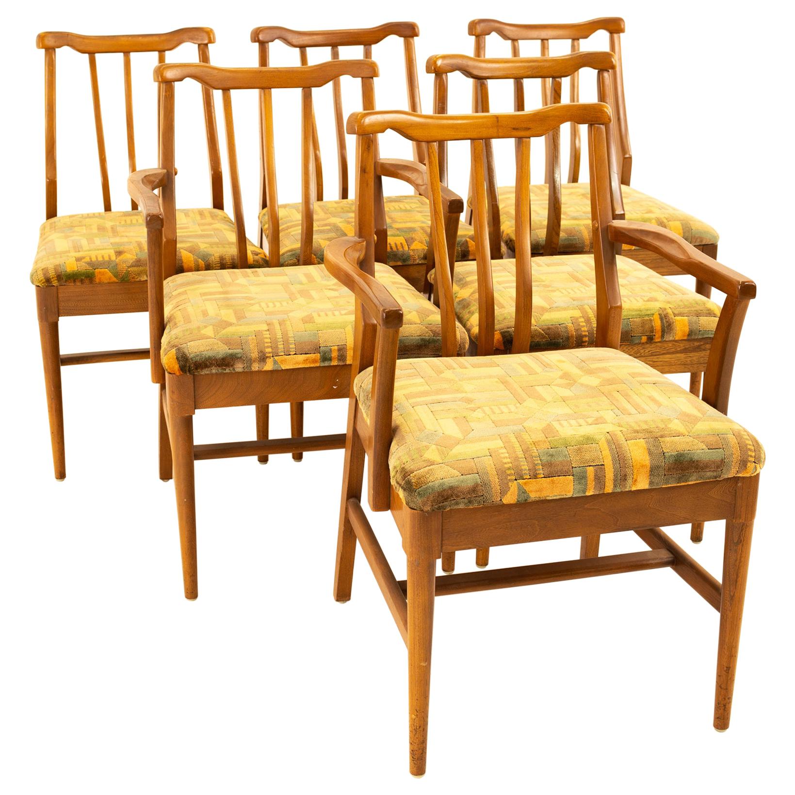 Jack Lenor Larsen Style Mid Century Walnut Dining Chairs, Set of 6 For Sale