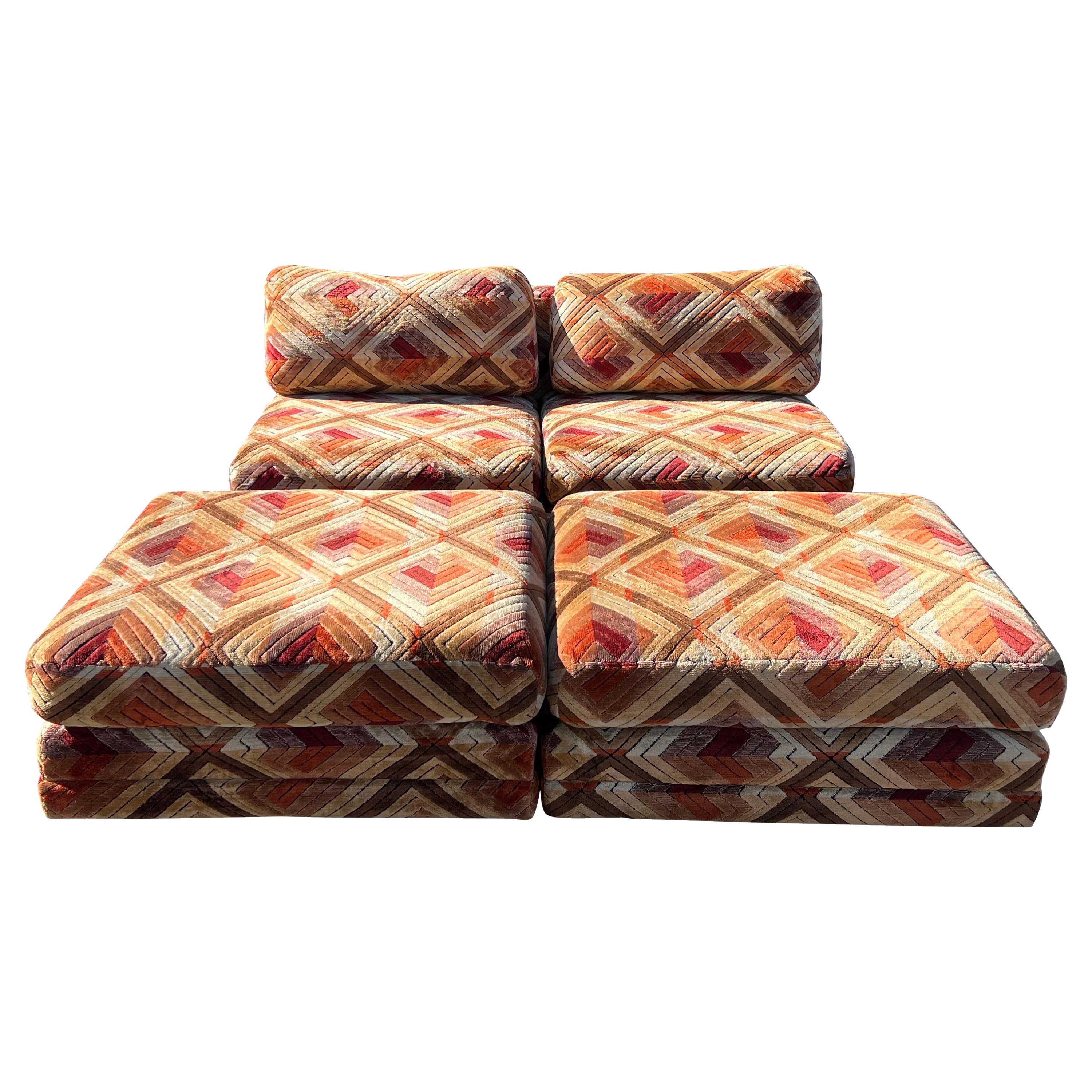 Jack Lenor Larson style armless loveseat with 2 ottomans