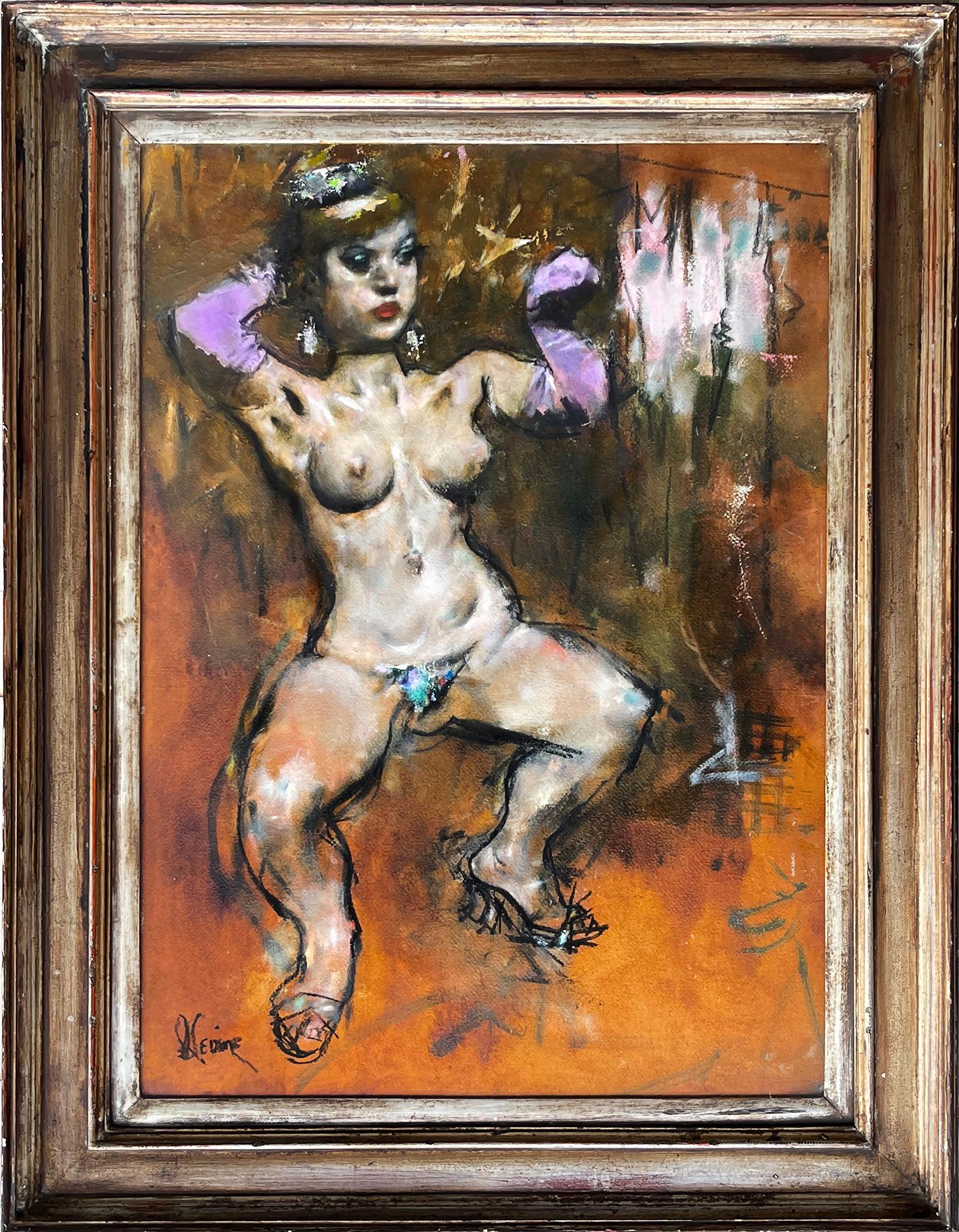 Nudefarbener Burlesque-Tänzer mit lila Handschuhen  - Der Schaumstoff -  – Painting von Jack Levine