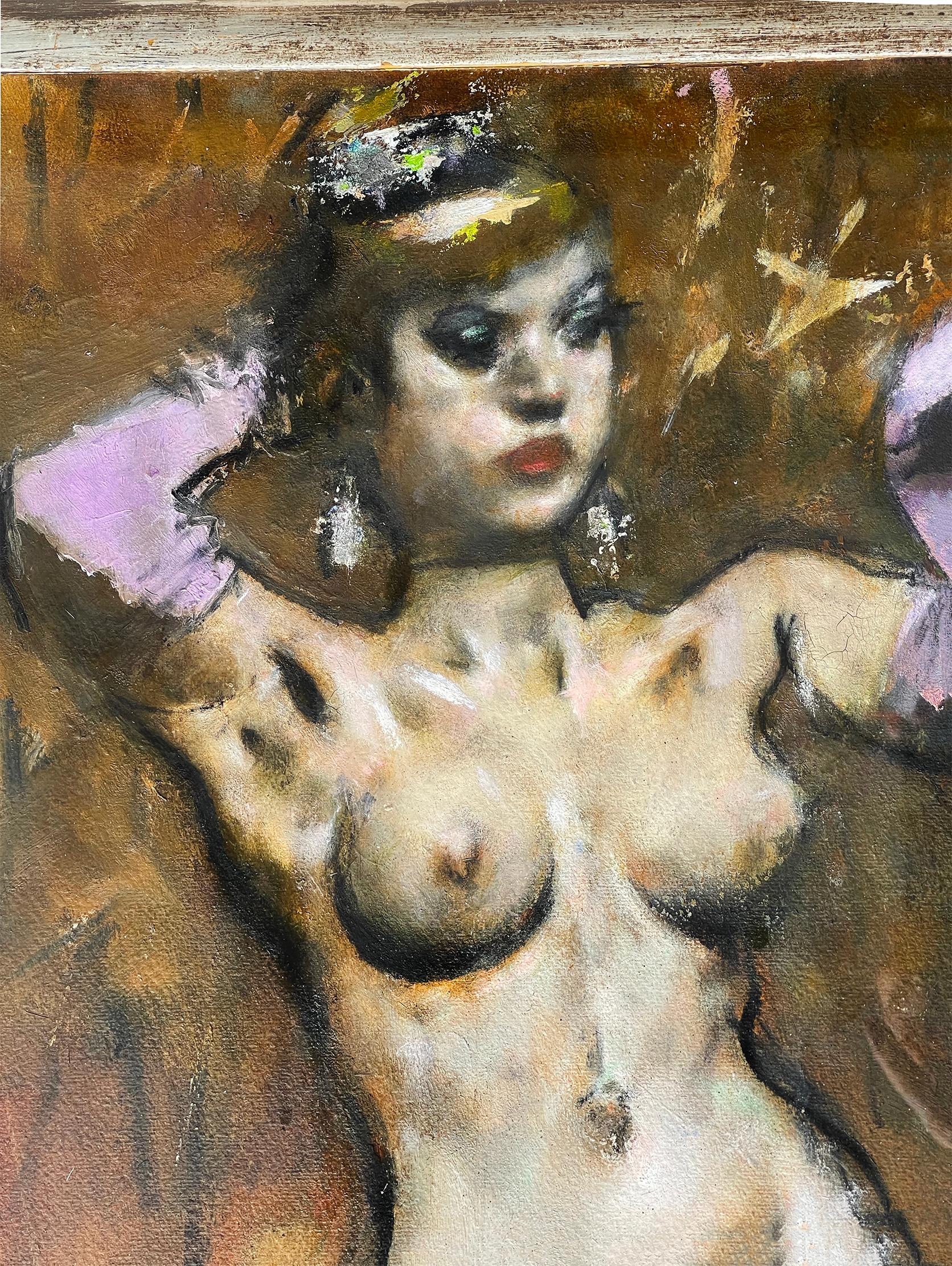 Nudefarbener Burlesque-Tänzer mit lila Handschuhen  - Der Schaumstoff -  (Braun), Figurative Painting, von Jack Levine