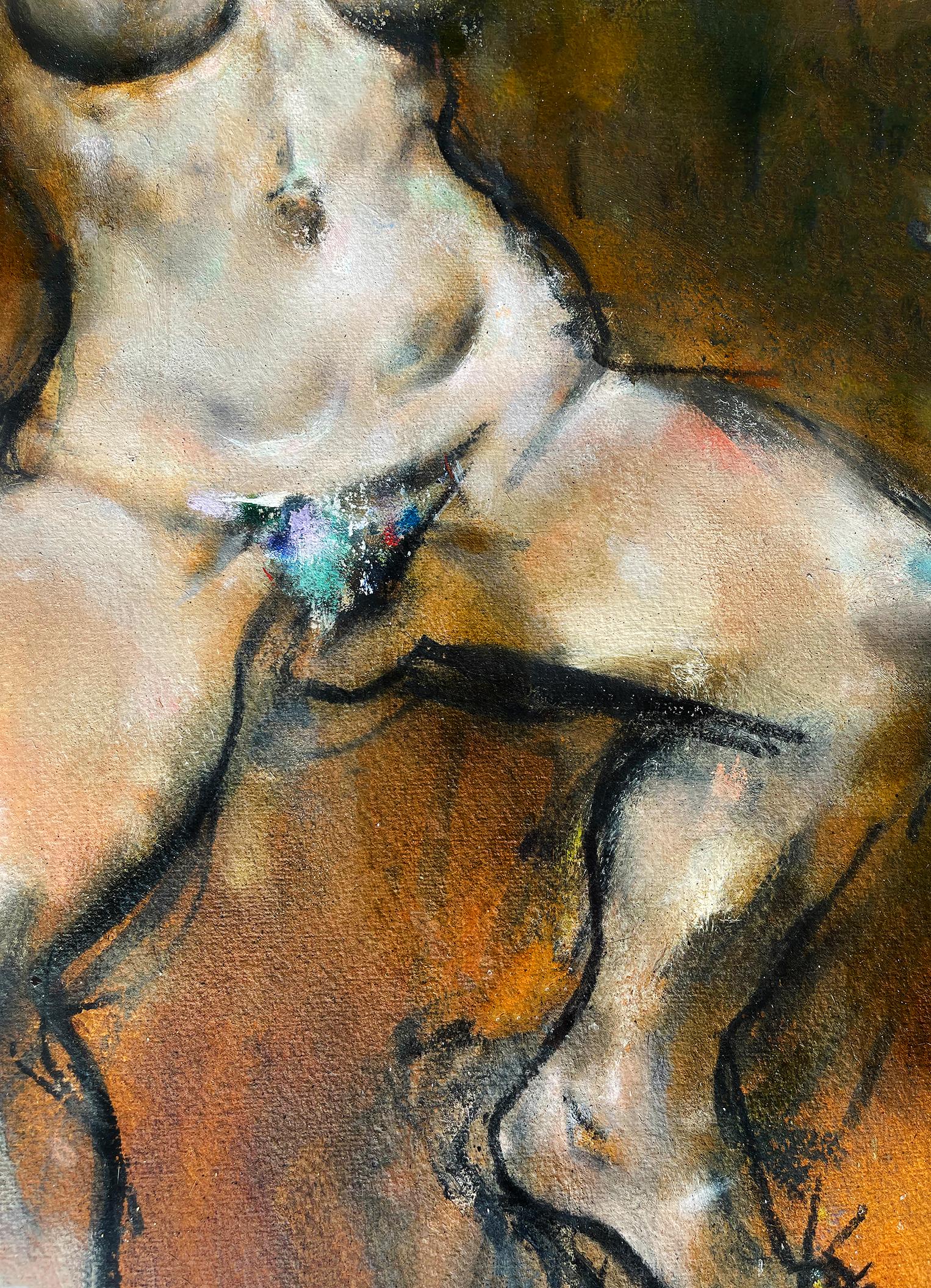 A gritty Burlesque Stripper with long purple gloves bumps and grinds with a hard-driving beat.  American Social Realist artist Jack Levine paints this sensuous nude with in an expressionist style with quick bravura brushstrokes and fast-moving black