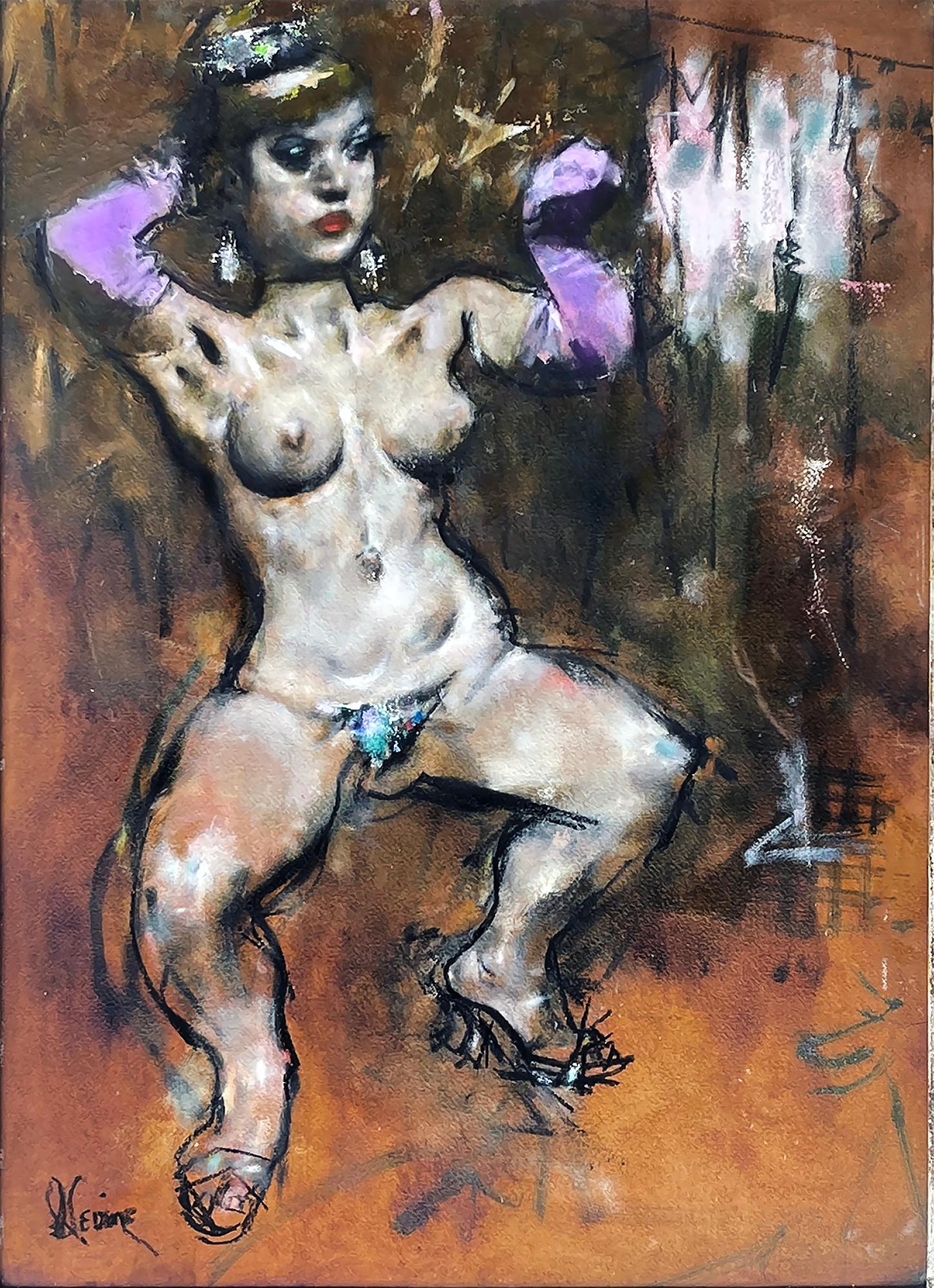 Jack Levine Figurative Painting – Nudefarbener Burlesque-Tänzer mit lila Handschuhen  - Der Schaumstoff - 