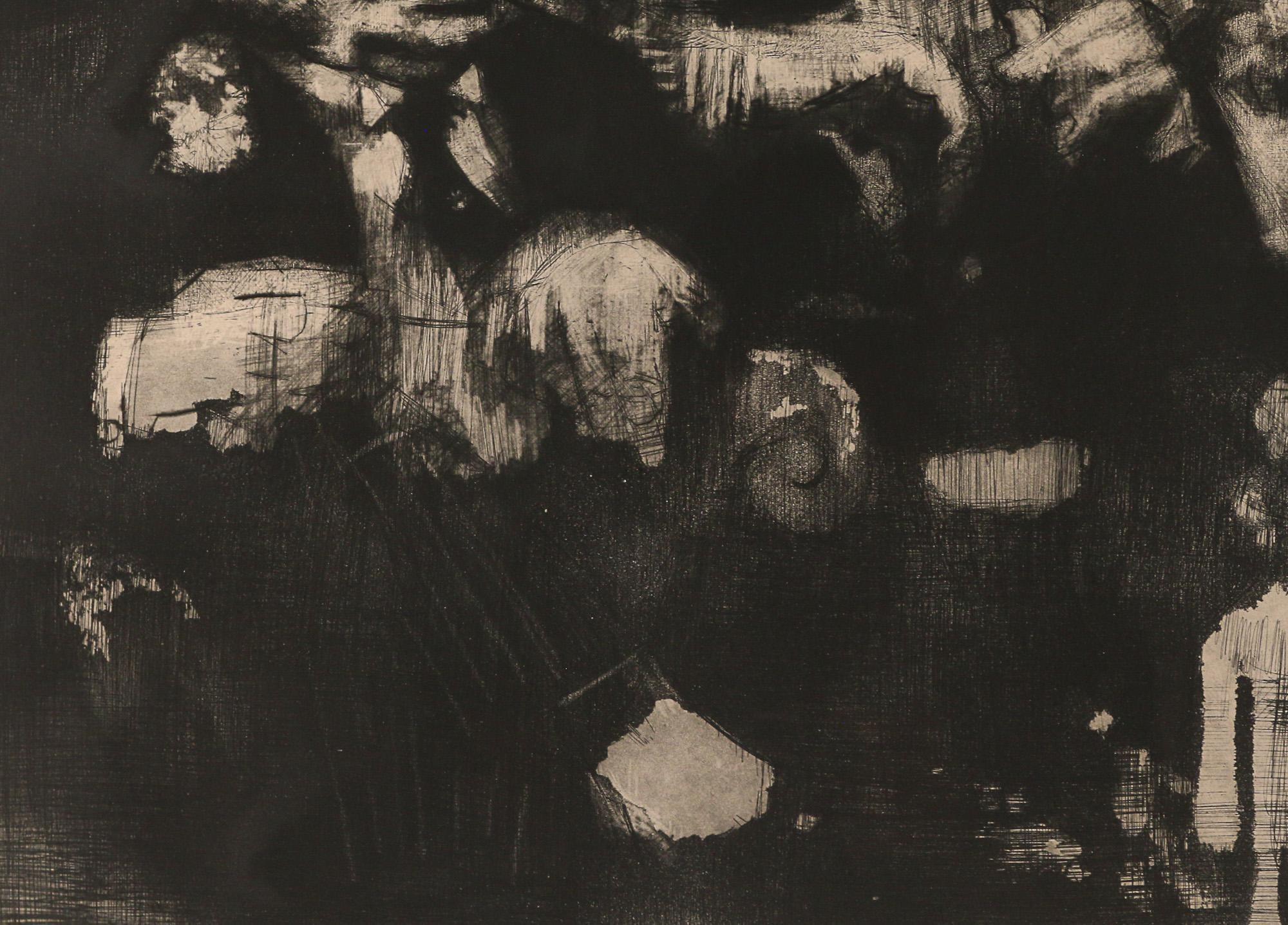 Jack Levine, Américain, 1915-2010
La fête de la raison pure, 1970
Eau-forte, mezzotinte et aquatinte sur cuivre à l'encre noire. 
20 w. 25  in., vue
Dimensions hors tout : 27 x 31,75 pouces,  mat.
Représentation de trois personnages fumant ;  signé