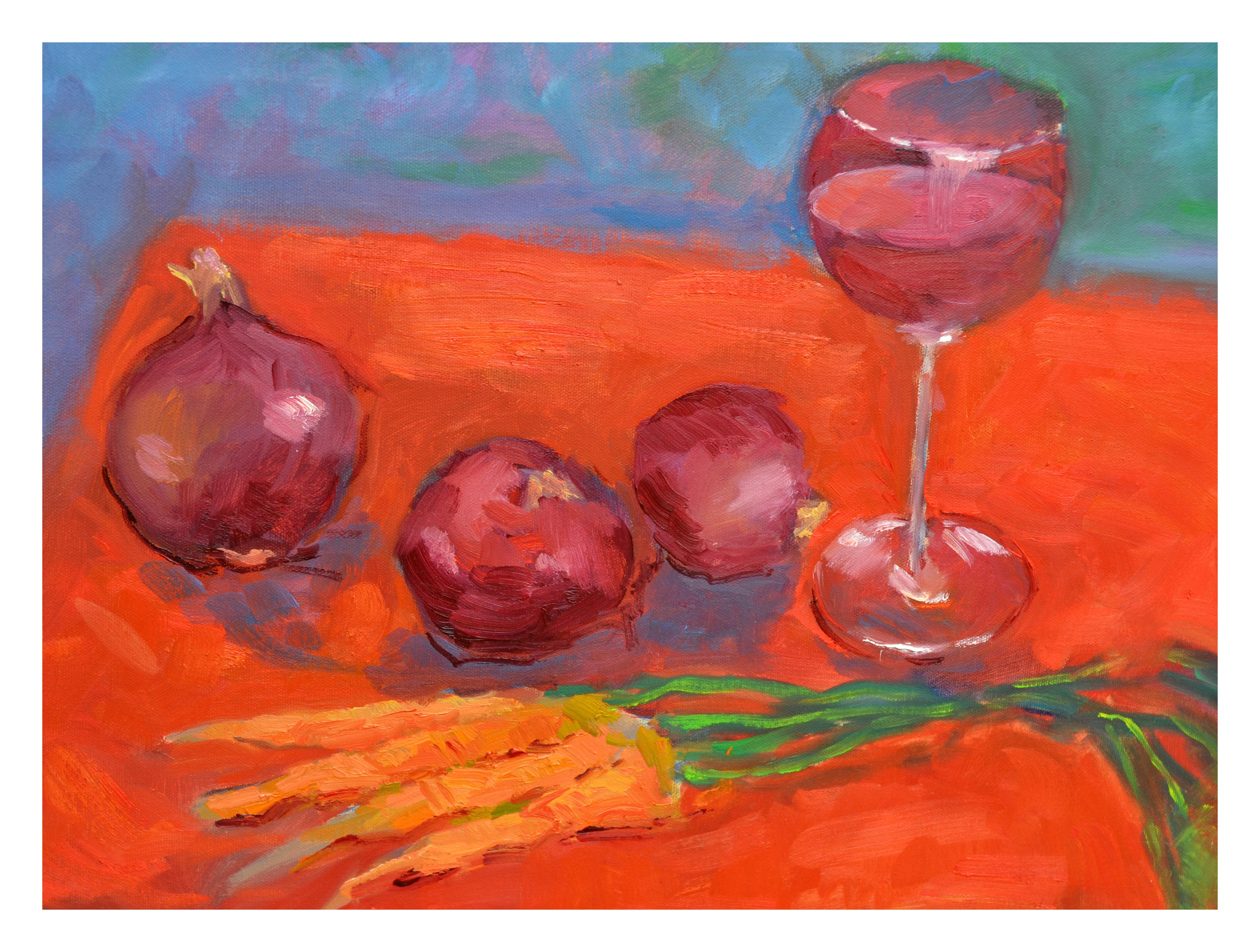 Still Life of Wine, Onion and Carrots - Painting by Jack Lynn